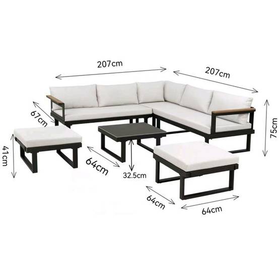 Salon de jardin d'angle 7 places - Aluminium - ALMARA - Canapé d'angle + 2 tabourets + table - Ecru - Image 6