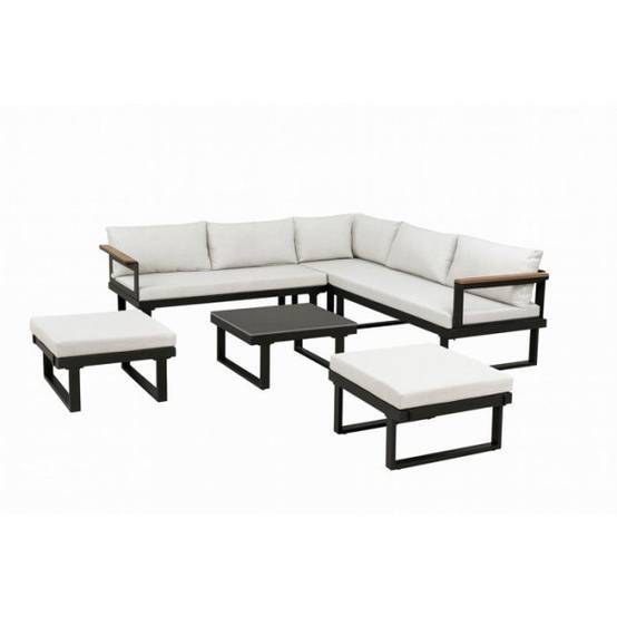 Salon de jardin d'angle 7 places - Aluminium - ALMARA - Canapé d'angle + 2 tabourets + table - Ecru - Image 1