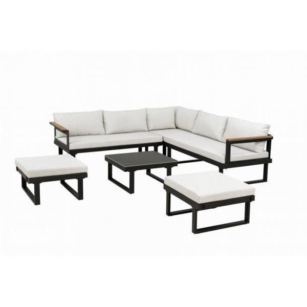 Salon de jardin d'angle 7 places - Aluminium - ALMARA - Canapé d'angle + 2 tabourets + table - Ecru - Image 1