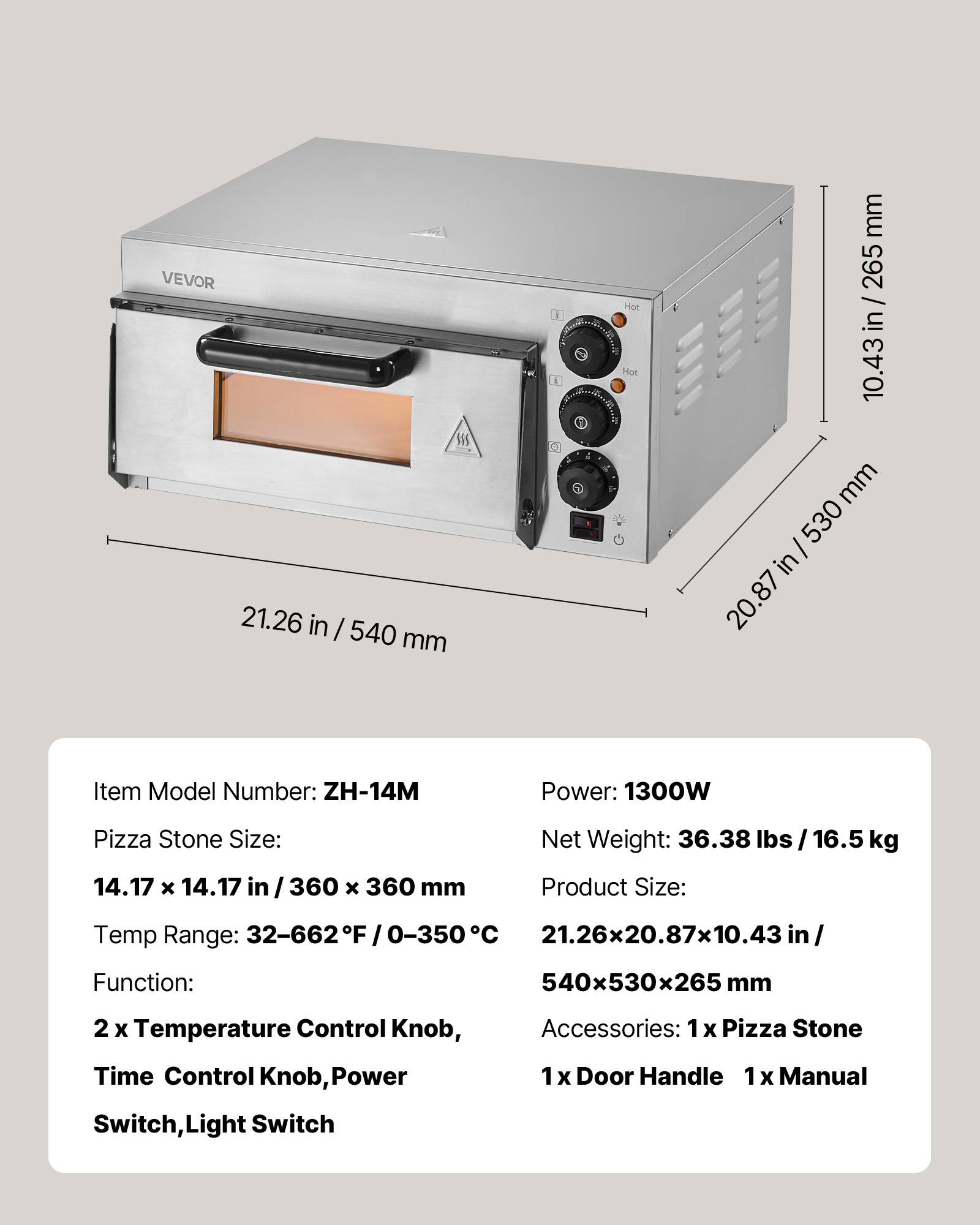 VEVOR Four à pizza électrique 35,6 cm, inox, 350 °C. Pierre incluse. Pour cuisine, restaurant, maison. - Image 7