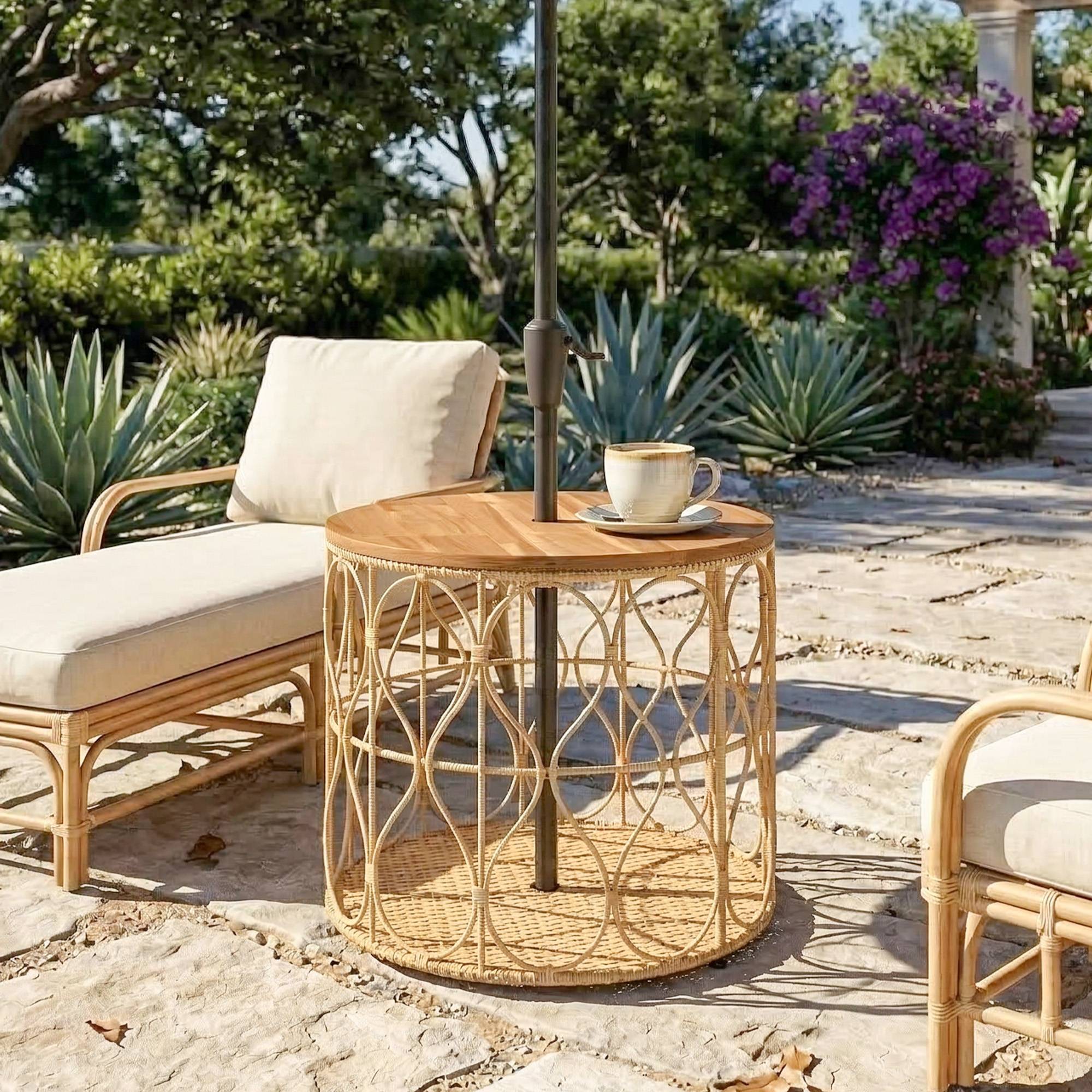 Sans Marque - Table d'appoint Ø50 cm, table de jardin résistante aux intempéries aspect rotin, plateau en bois d'acacia, pieds réglables, teck - Image 4