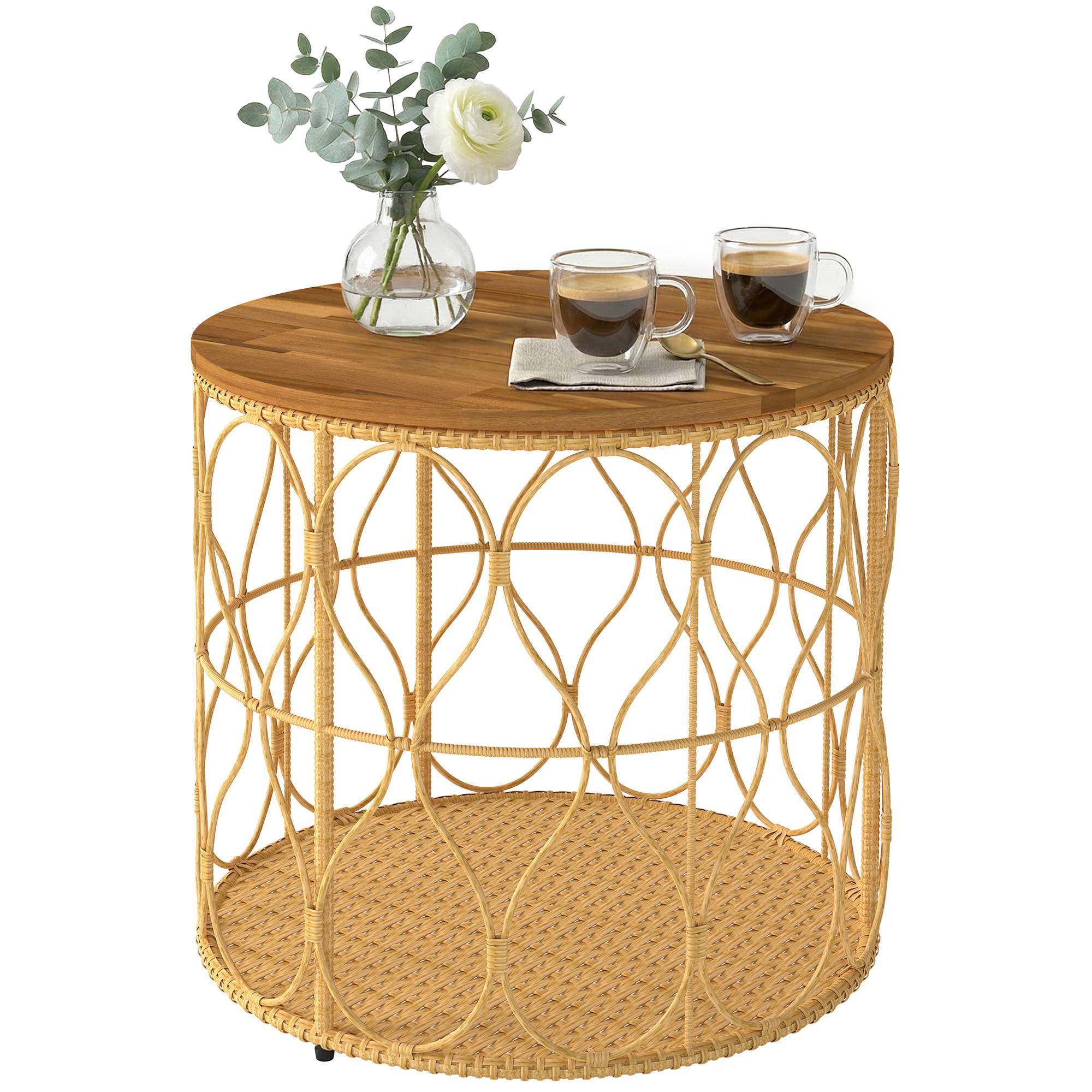 Sans Marque - Table d'appoint Ø50 cm, table de jardin résistante aux intempéries aspect rotin, plateau en bois d'acacia, pieds réglables, teck - Image 2
