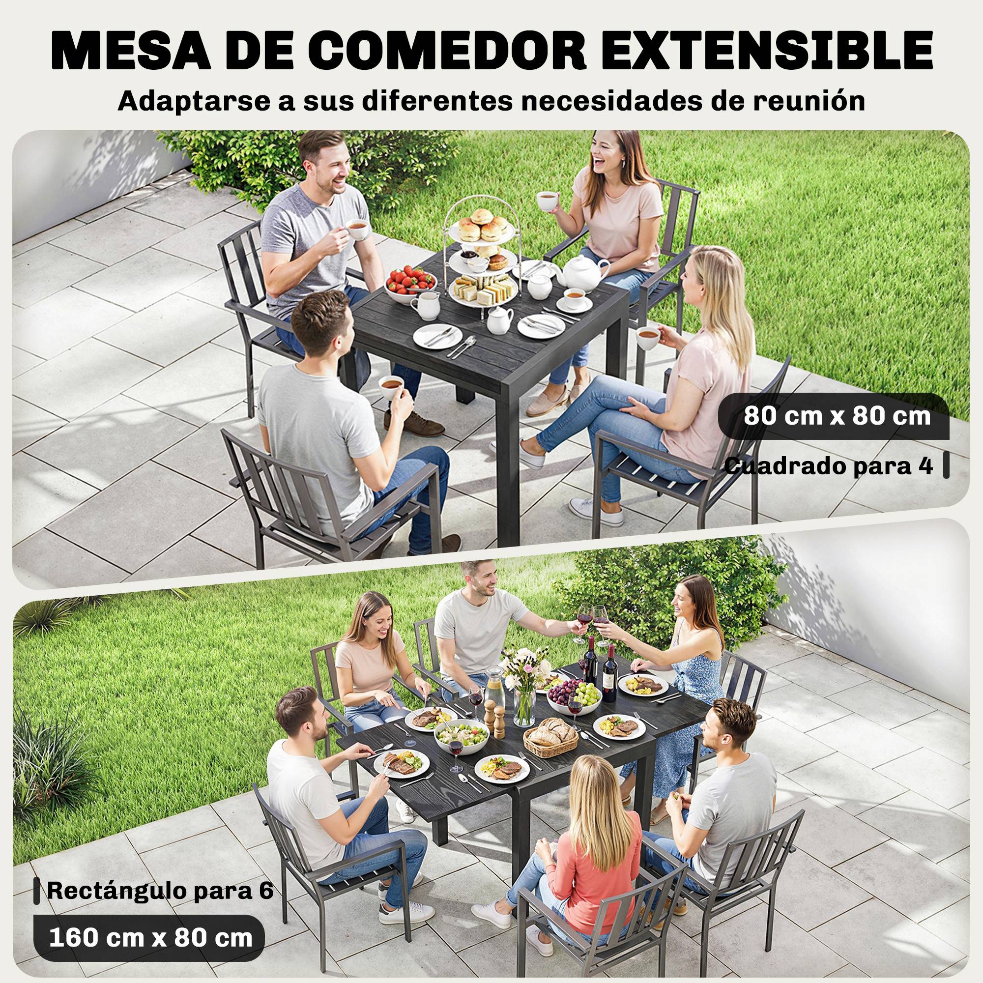 Table de jardin extensible 80/160 cm pour 4 à 6 personnes, en aluminium avec plateau à lattes, aspect bois, noire. - Image 6