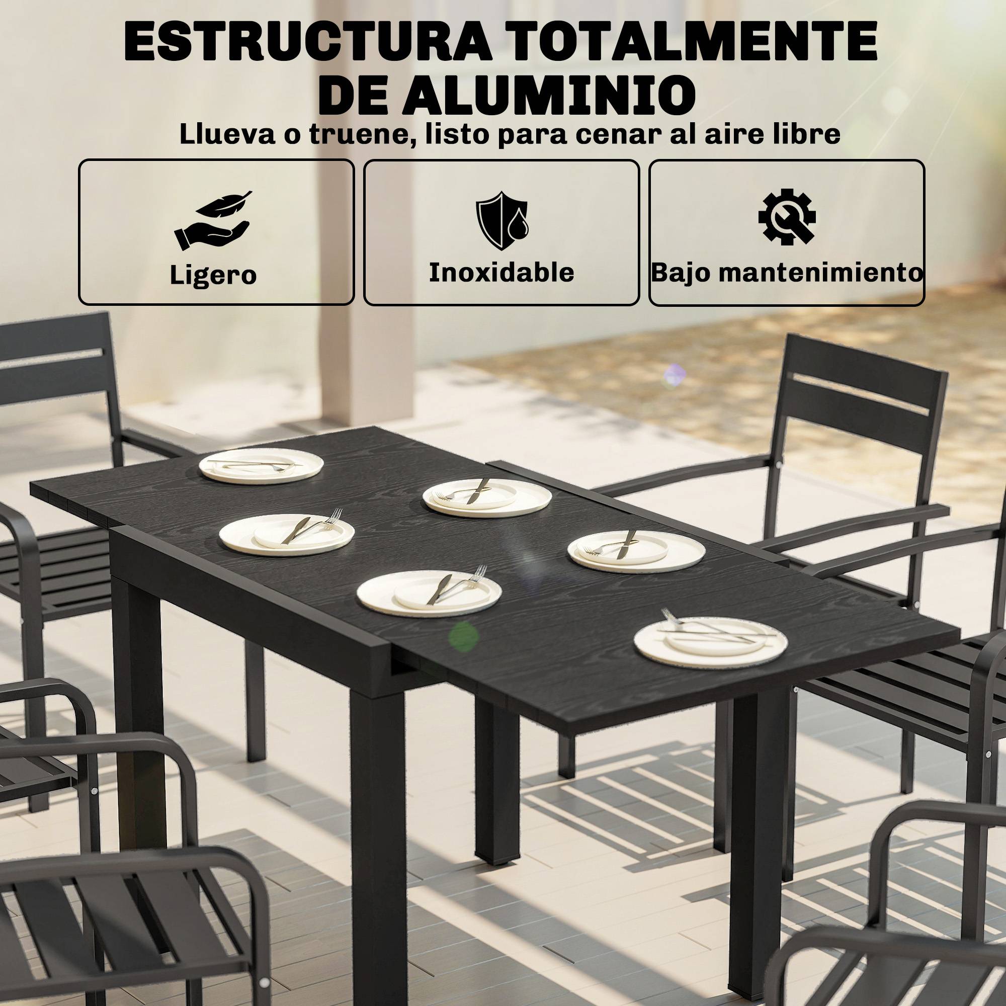 Table de jardin extensible 80/160 cm pour 4 à 6 personnes, en aluminium avec plateau à lattes, aspect bois, noire. - Image 7