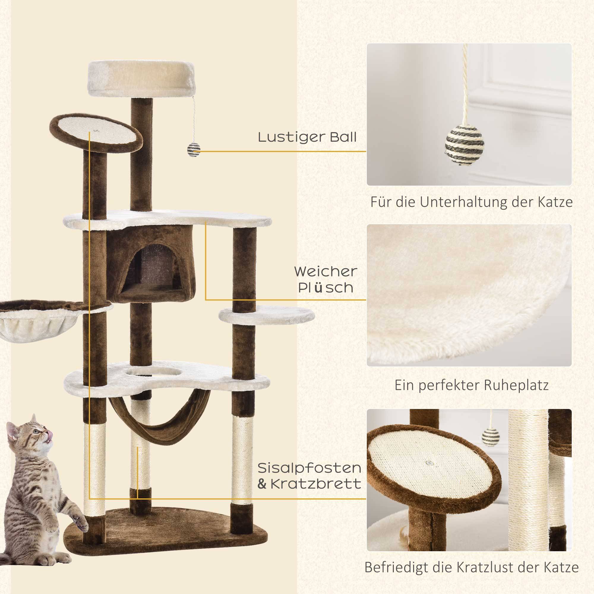 Sans Marque - Arbre à chat avec niche, hamac, arbre à chat XXL, arbre à chat grimpant, centre d'activités multi-niveaux, peluche, marron, 65 x 50 x 153 cm - Image 5