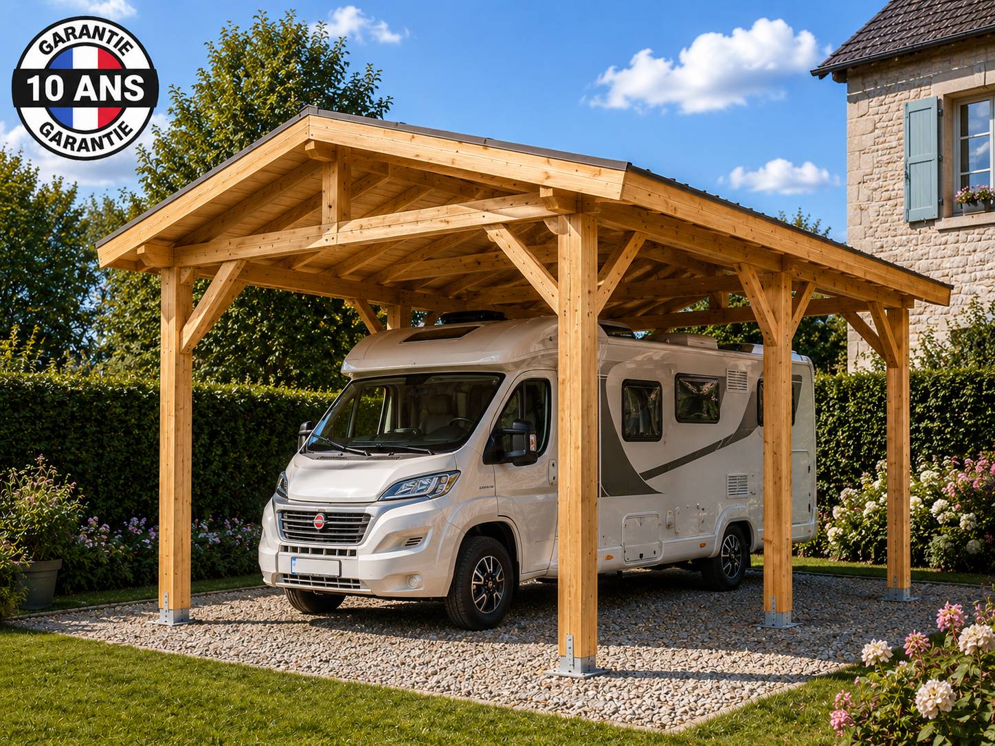 Carport sur mesure deux pentes 600 cm x 6 poteaux,45m2 bois DOUGLAS Français  (Charpente en bois-auvent-abri voiture). Garantie 10 ans - Image 1