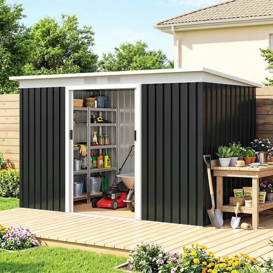 Abri de jardin extérieur 280 x 130 x 172 cm avec portes coulissantes, fond et ventilation, gris foncé - Image 10