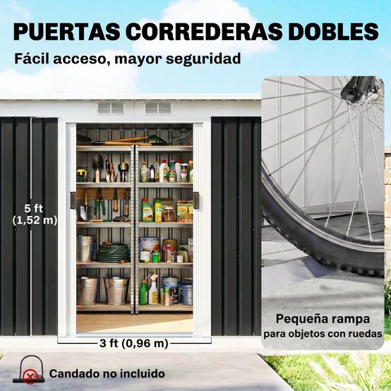 Abri de jardin extérieur 280 x 130 x 172 cm avec portes coulissantes, fond et ventilation, gris foncé - Image 7