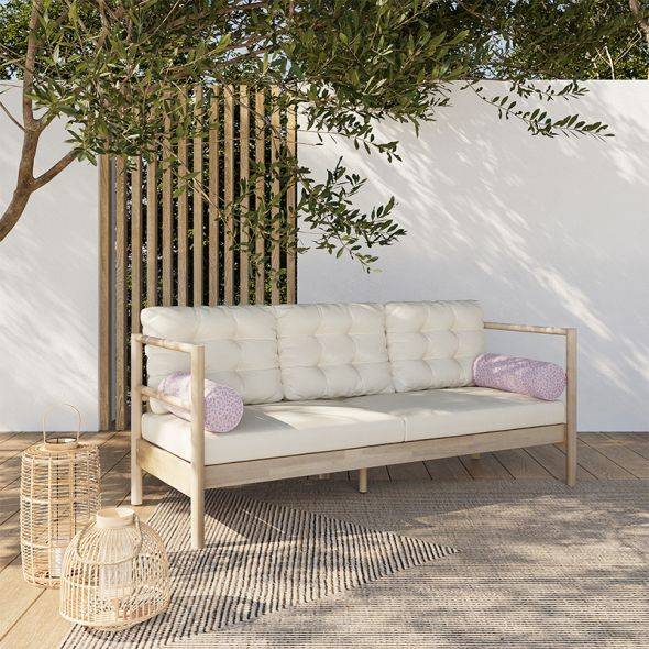 Canapé de jardin SAMOA 3 places en bois d'acacia blanchi FSC avec coussins beige Beau Rivage - Image 2