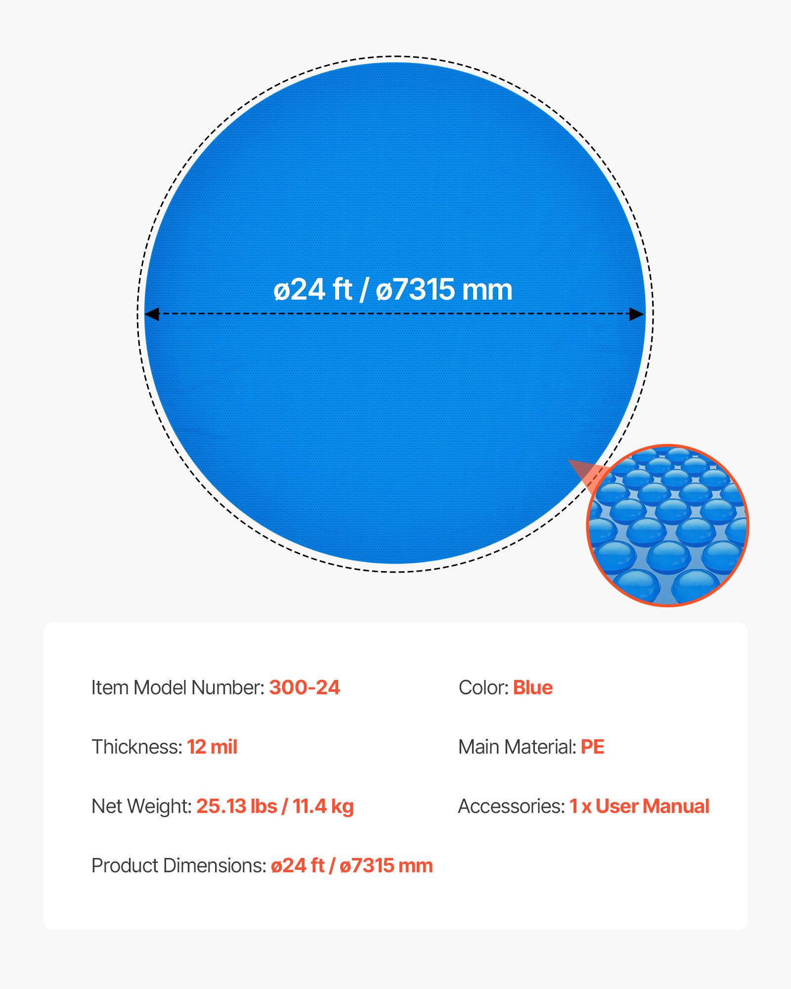 Vevor - VEVOR Bâche solaire ronde 7,32 m, 0,3 mm en PE, chauffe et conserve la chaleur, réduit évaporation et protège la piscine, bleu - Image 6