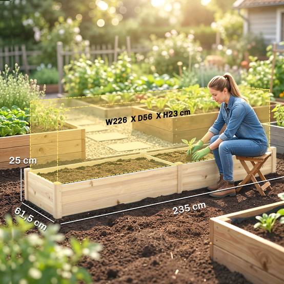 Potager surélevé 2 zones, doublure non tissée, bois massif, 244x61,5x27 cm - Image 5