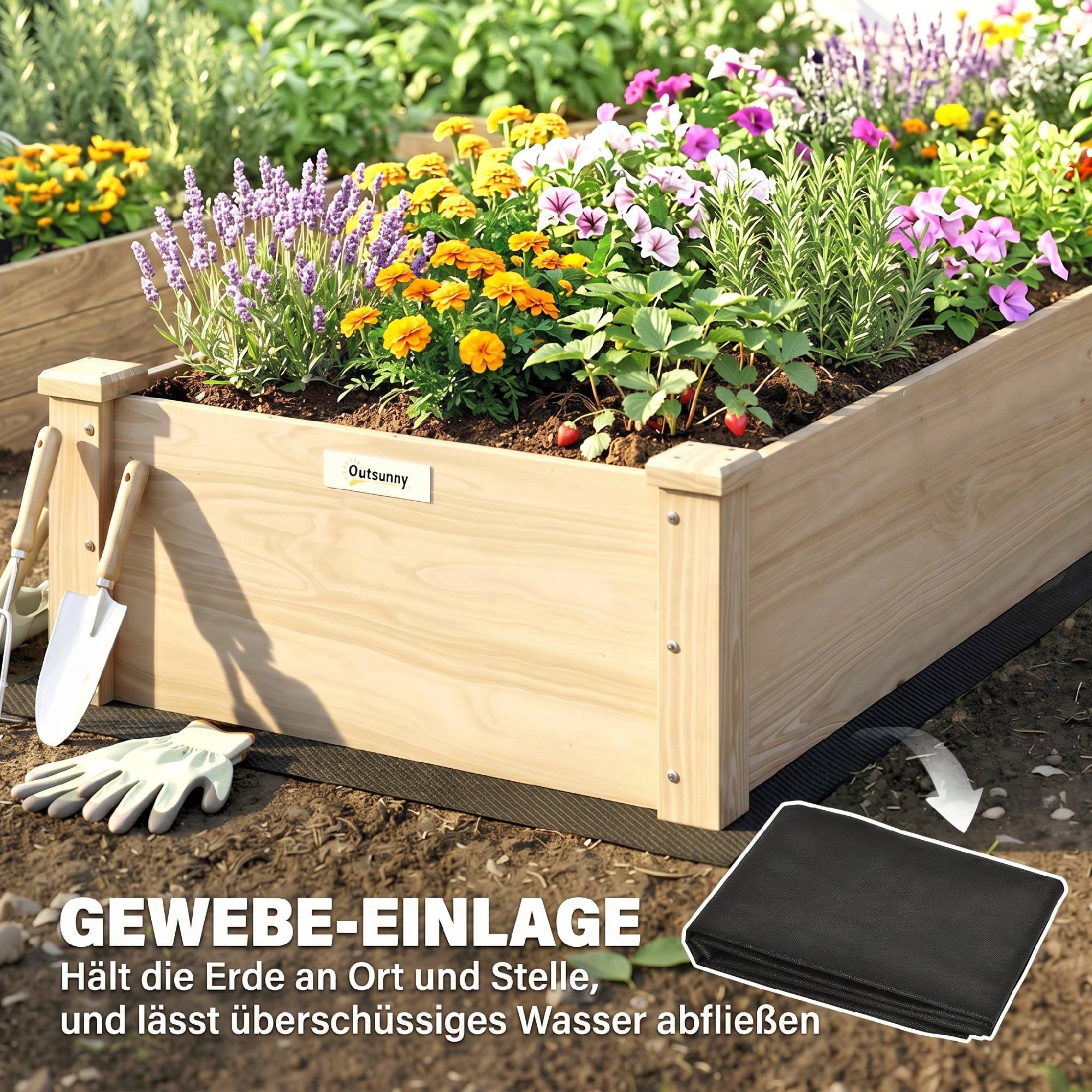 Potager surélevé 2 zones, doublure non tissée, bois massif, 244x61,5x27 cm - Image 8