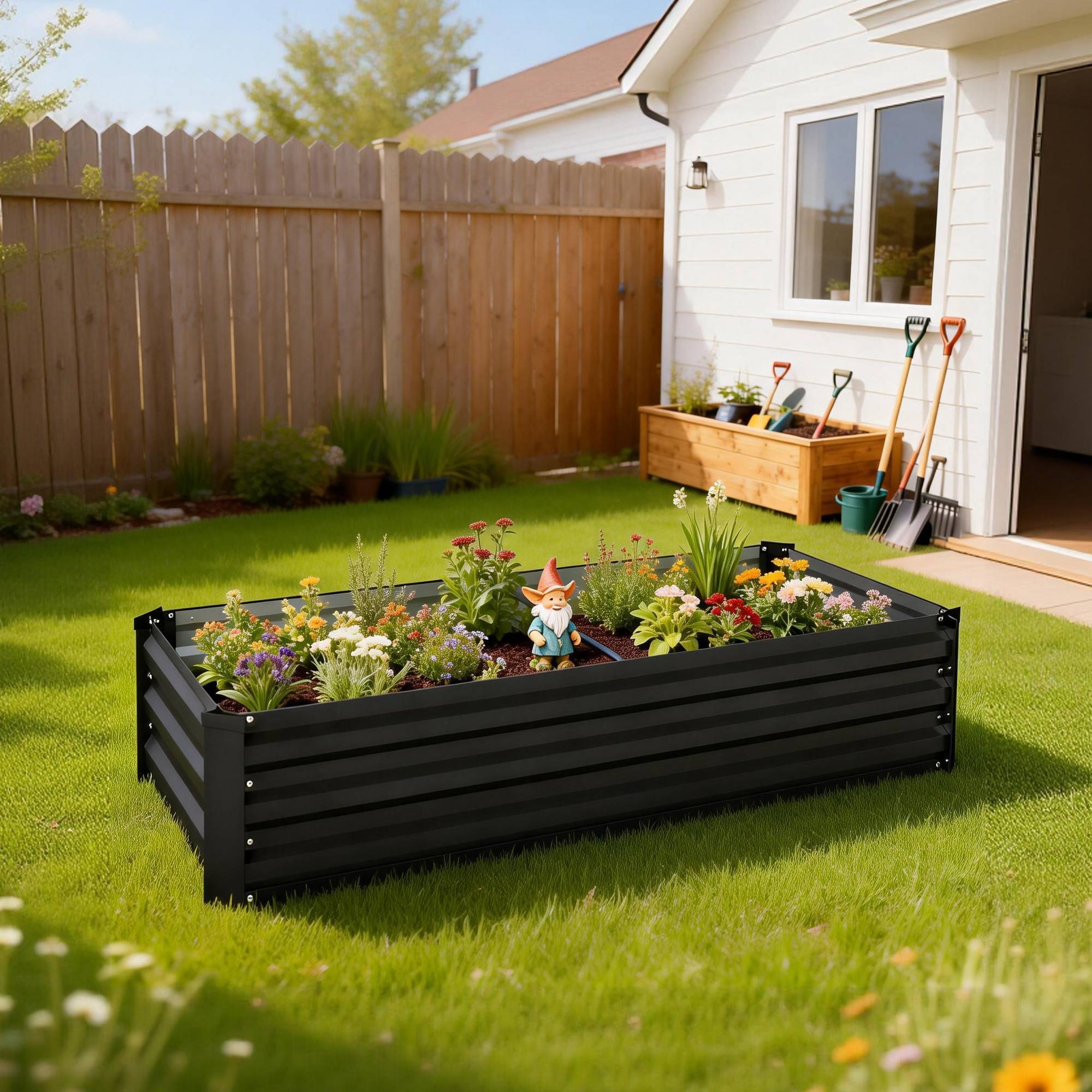 Jardinière rectangulaire potager de jardin en acier galvanisé bordure de sécurité et fond ouvert 150x70x30cm gris foncé - Image 10