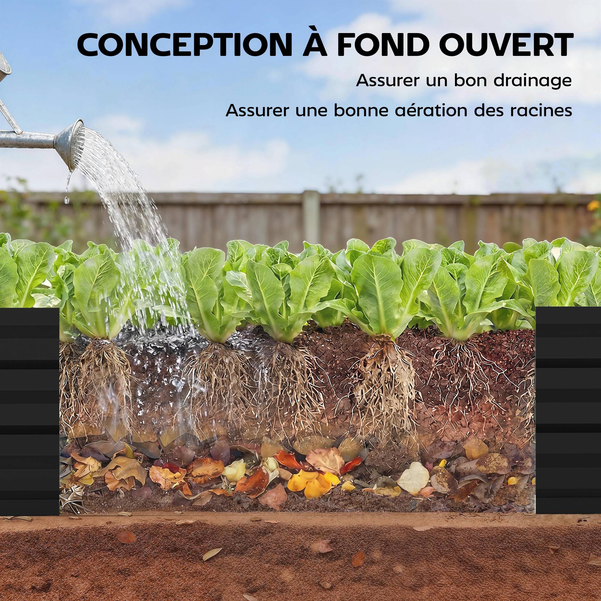 Jardinière rectangulaire potager de jardin en acier galvanisé bordure de sécurité et fond ouvert 150x70x30cm gris foncé - Image 7