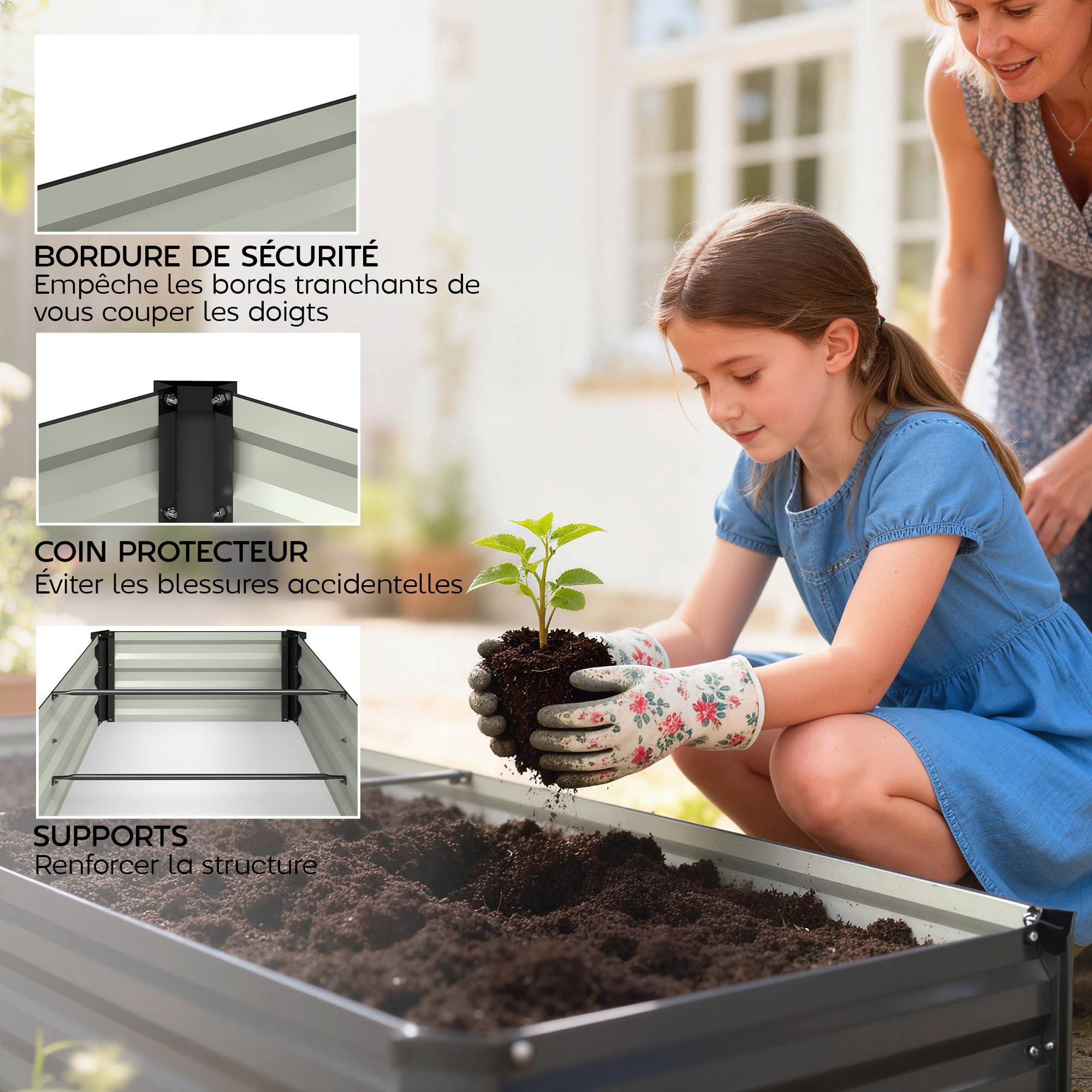 Jardinière rectangulaire potager de jardin en acier galvanisé bordure de sécurité et fond ouvert 150x70x30cm gris foncé - Image 8