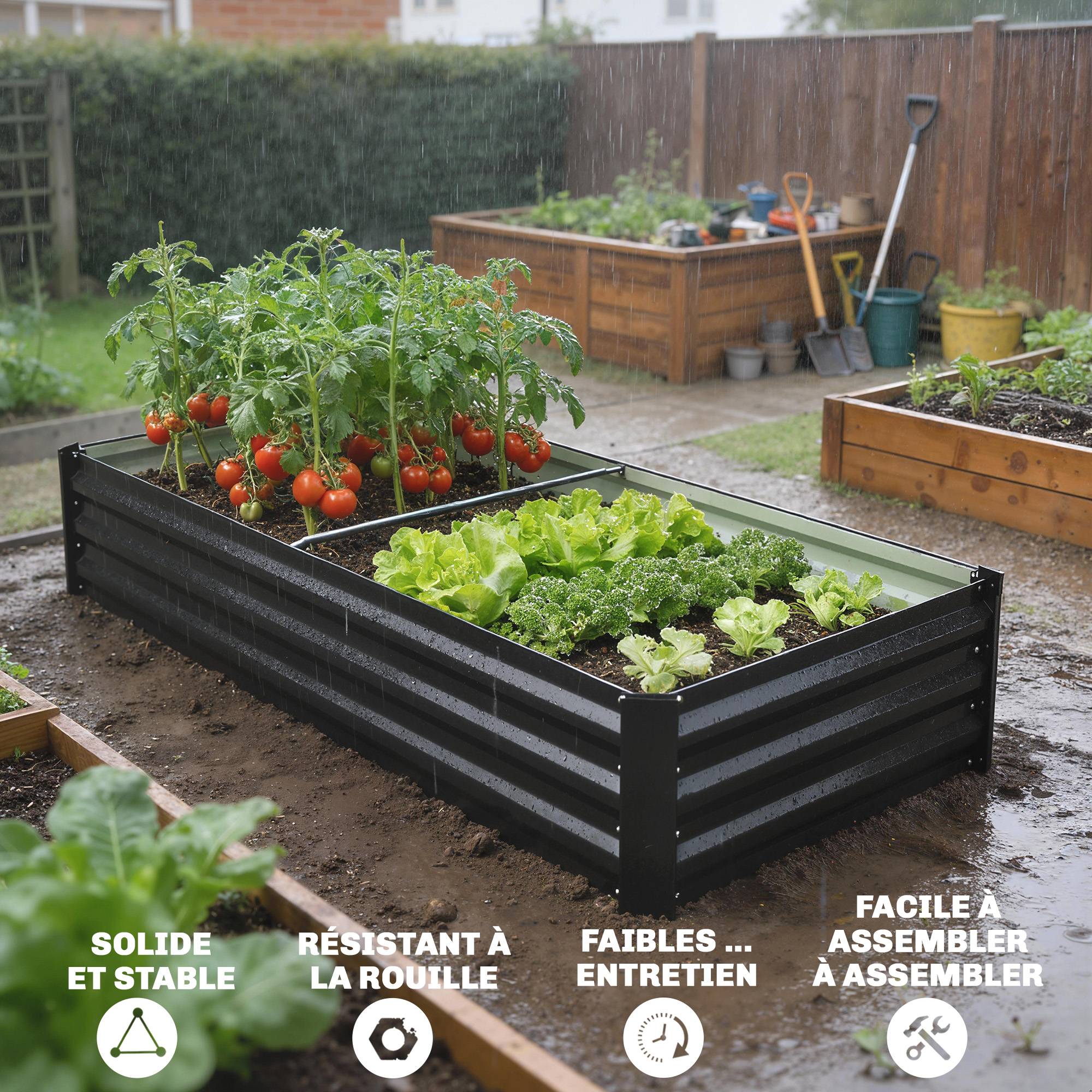 Jardinière rectangulaire potager de jardin en acier galvanisé bordure de sécurité et fond ouvert 150x70x30cm gris foncé - Image 9