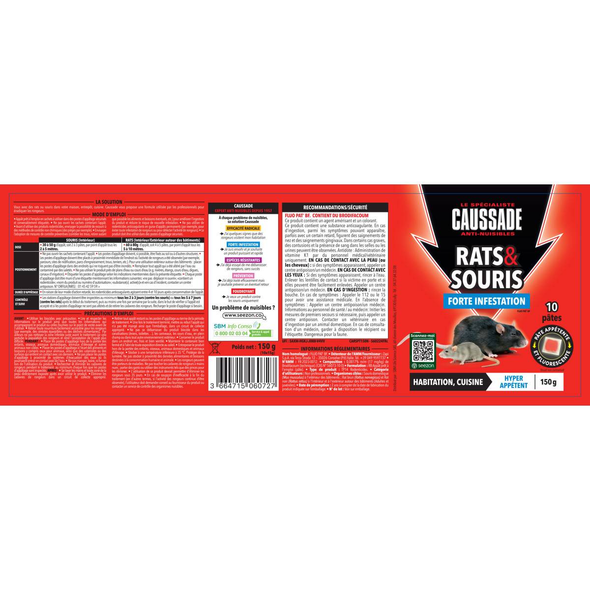 Lot de 4 boites de Raticide Rats & Souris - Pat'Appât forte infestation 150gs , boite de 10 x 15grs - Image 2