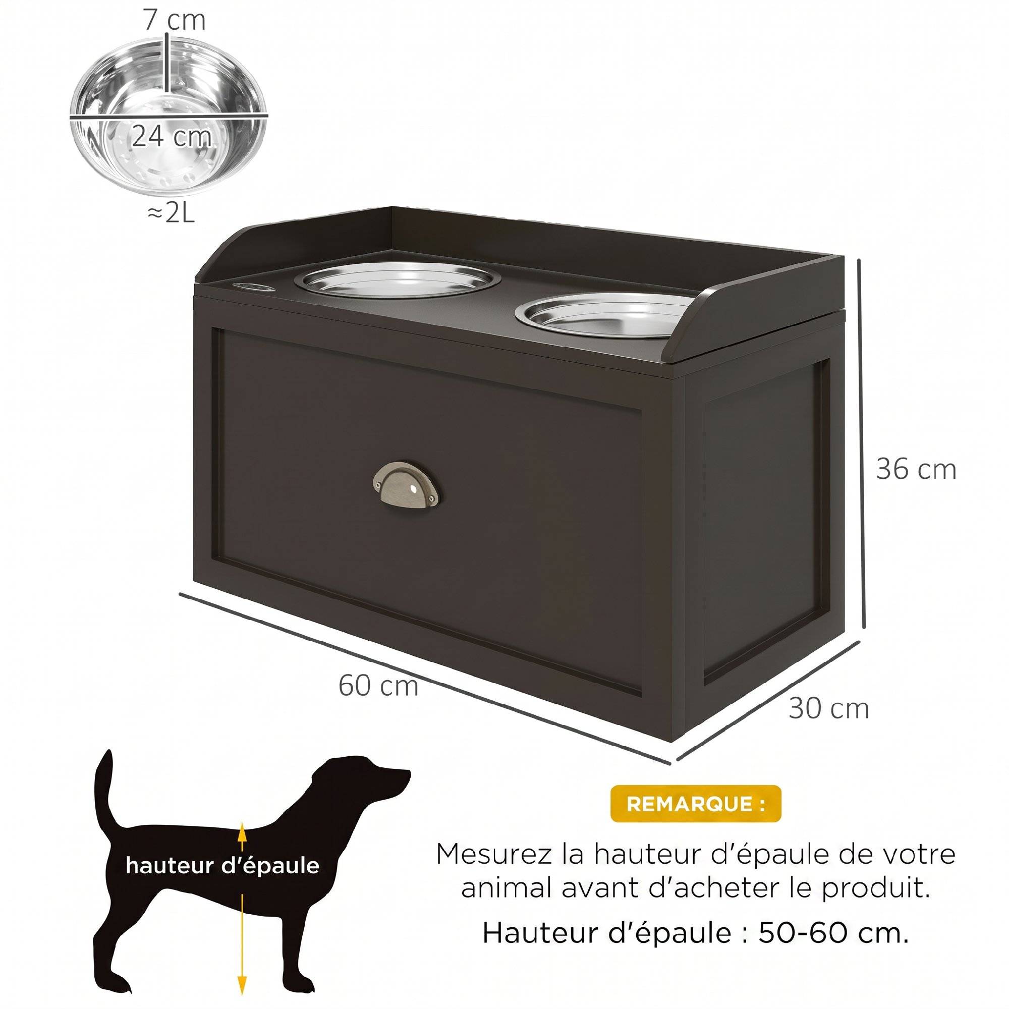ComfortXL - Porte-gamelles surélevé pour grand chien en MDF marron café 60 x 30 x 36 cm avec 2 bols inox et tiroir - Image 3