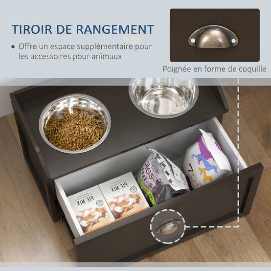 ComfortXL - Porte-gamelles surélevé pour grand chien en MDF marron café 60 x 30 x 36 cm avec 2 bols inox et tiroir - Image 5