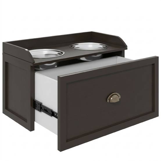 ComfortXL - Porte-gamelles surélevé pour grand chien en MDF marron café 60 x 30 x 36 cm avec 2 bols inox et tiroir - Image 7