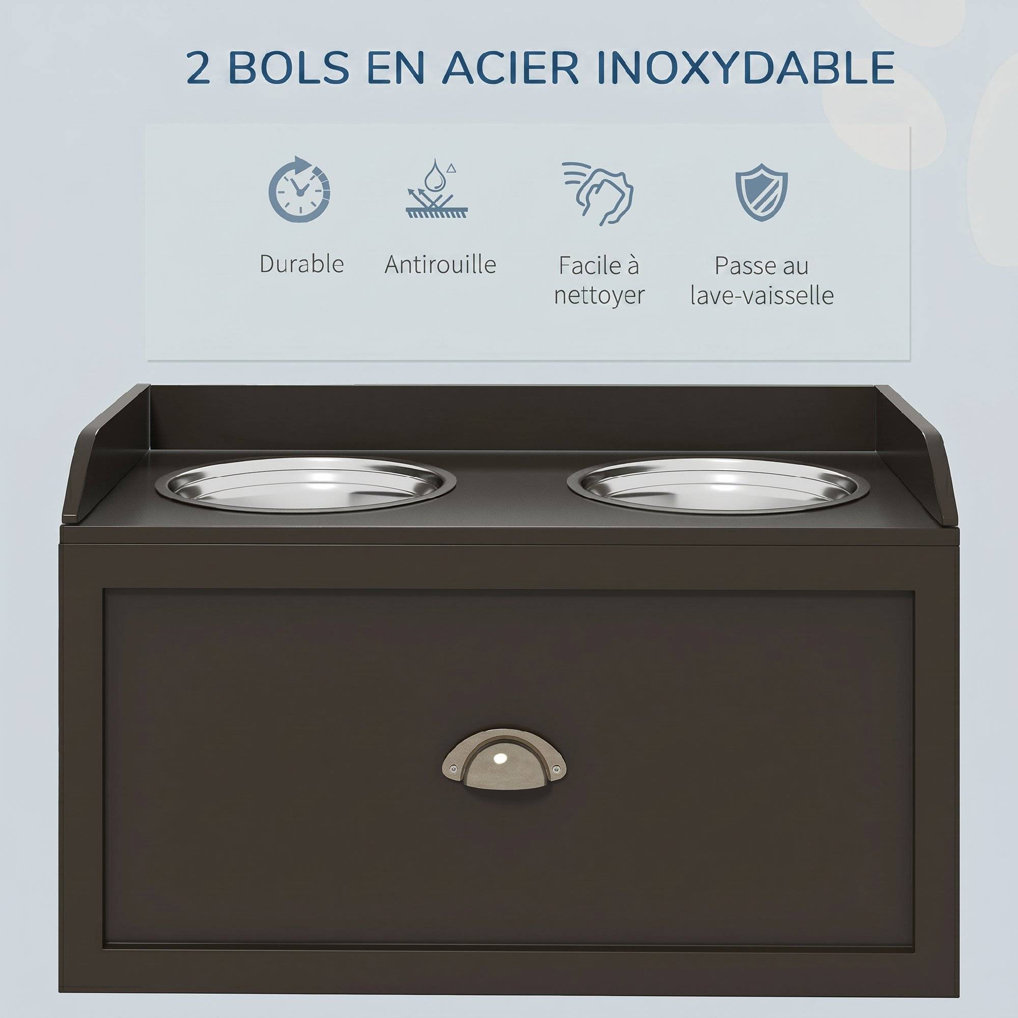 ComfortXL - Porte-gamelles surélevé pour grand chien en MDF marron café 60 x 30 x 36 cm avec 2 bols inox et tiroir - Image 6