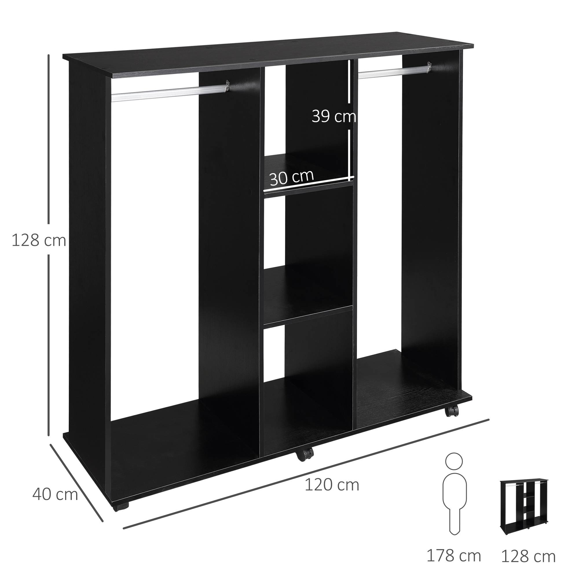 Sans Marque - Armoire penderie Meuble de Rangement Mobile 6 roulettes 120L x 40l x 128H cm en bois Noir - Image 5