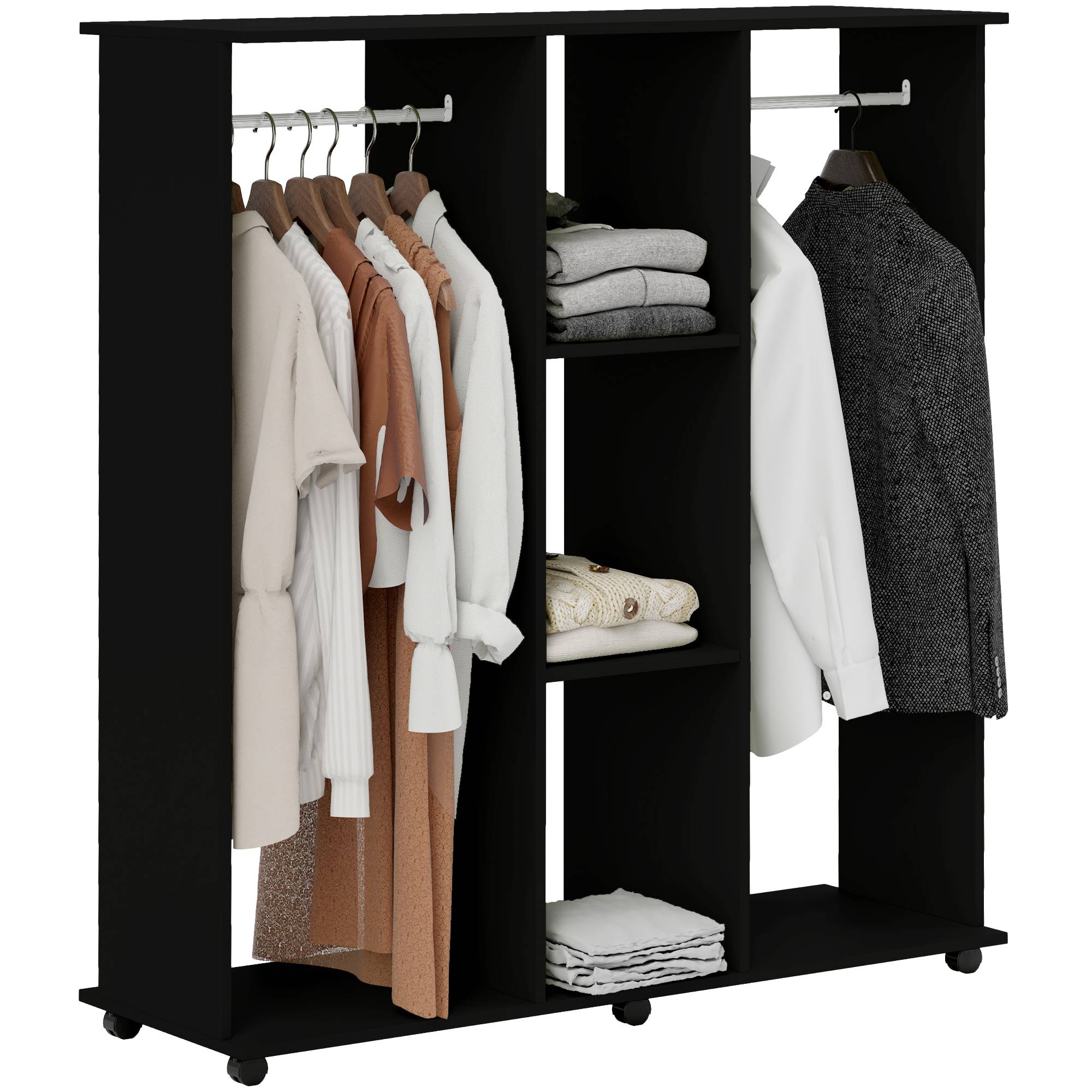 Sans Marque - Armoire penderie Meuble de Rangement Mobile 6 roulettes 120L x 40l x 128H cm en bois Noir - Image 1