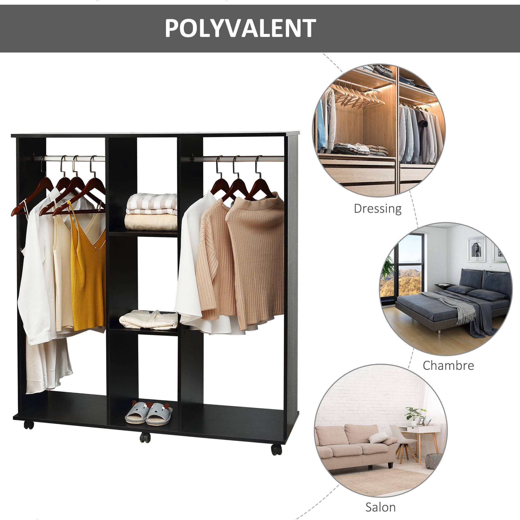 Sans Marque - Armoire penderie Meuble de Rangement Mobile 6 roulettes 120L x 40l x 128H cm en bois Noir - Image 7