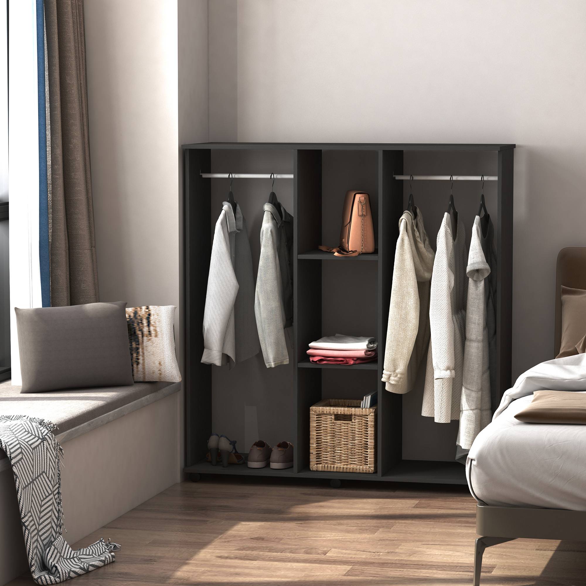 Sans Marque - Armoire penderie Meuble de Rangement Mobile 6 roulettes 120L x 40l x 128H cm en bois Noir - Image 4