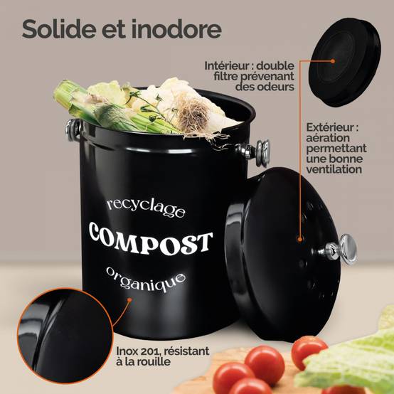 Composteur, bac, poubelle à compost de cuisine 5L rond en Inox - Noir - Linxor - Image 3