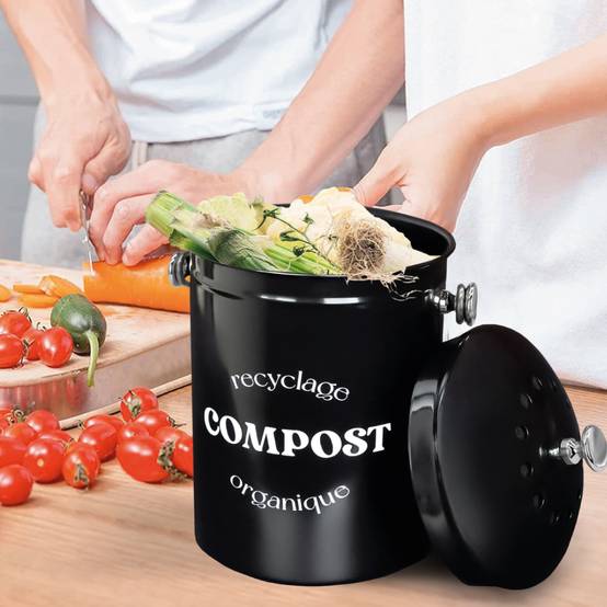 Composteur, bac, poubelle à compost de cuisine 5L rond en Inox - Noir - Linxor - Image 4