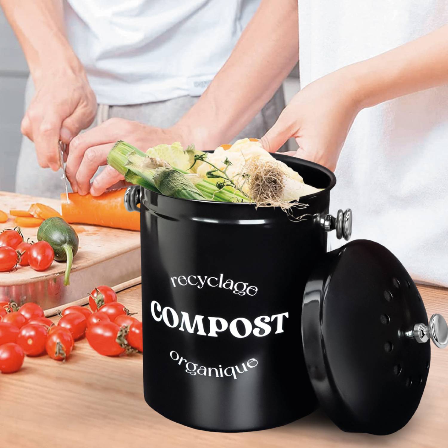 Composteur, bac, poubelle à compost de cuisine 5L rond en Inox - Noir - Linxor - Image 4