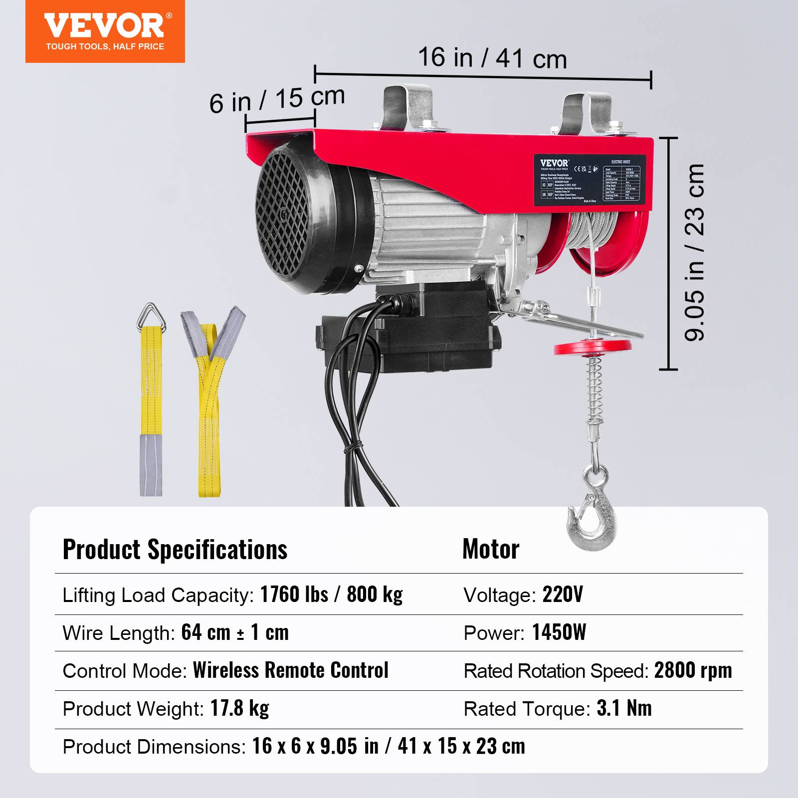 VEVOR Treuil électrique 800kg, 1450W, télécommande sans fil, vitesse 10m/min, câble 12m. - Image 7