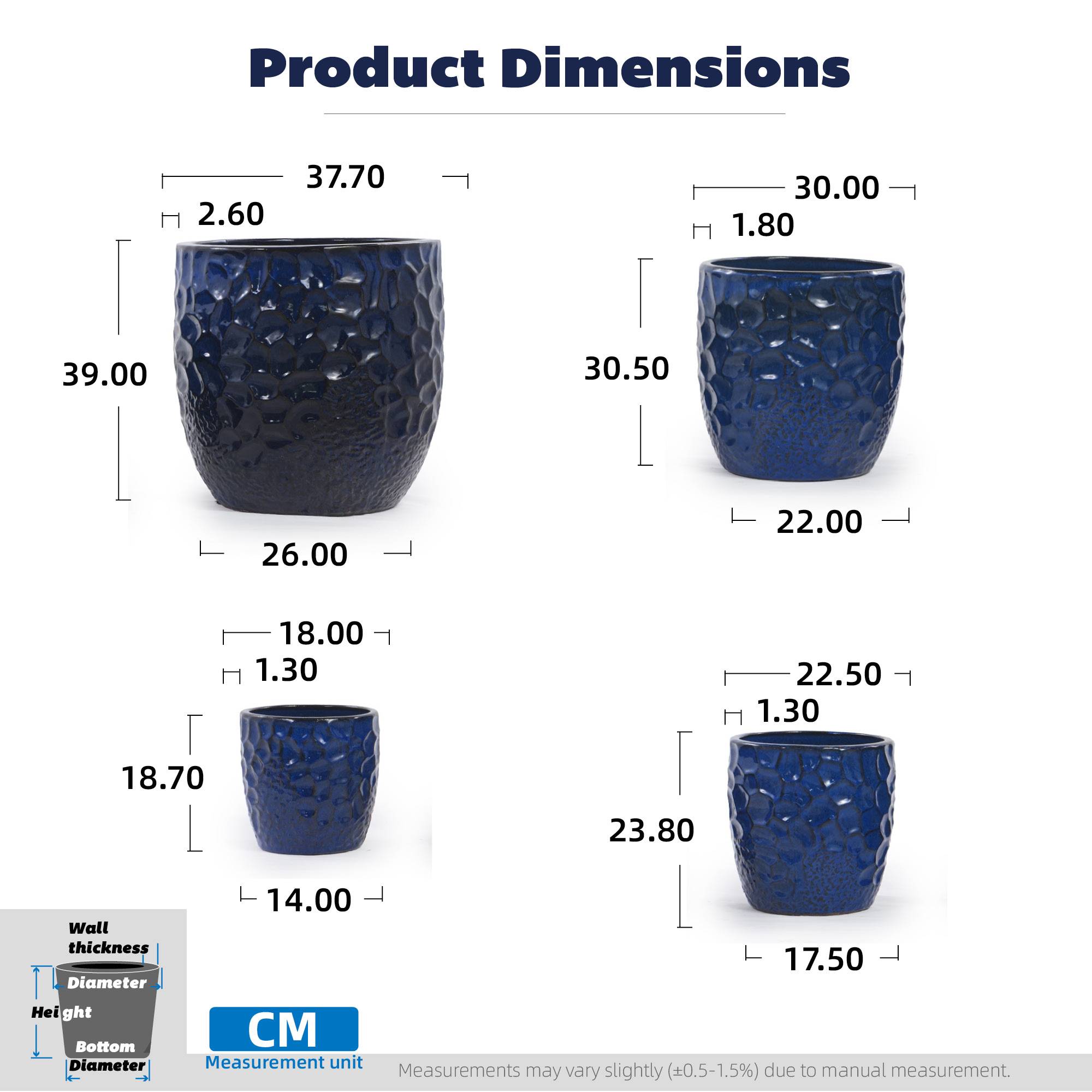 ComfortXL - Lot 4 pots de fleurs céramique Ø38/30/22,5/18 cm bleu marine intérieur extérieur - ComfortXL Outdoor Living - Image 3