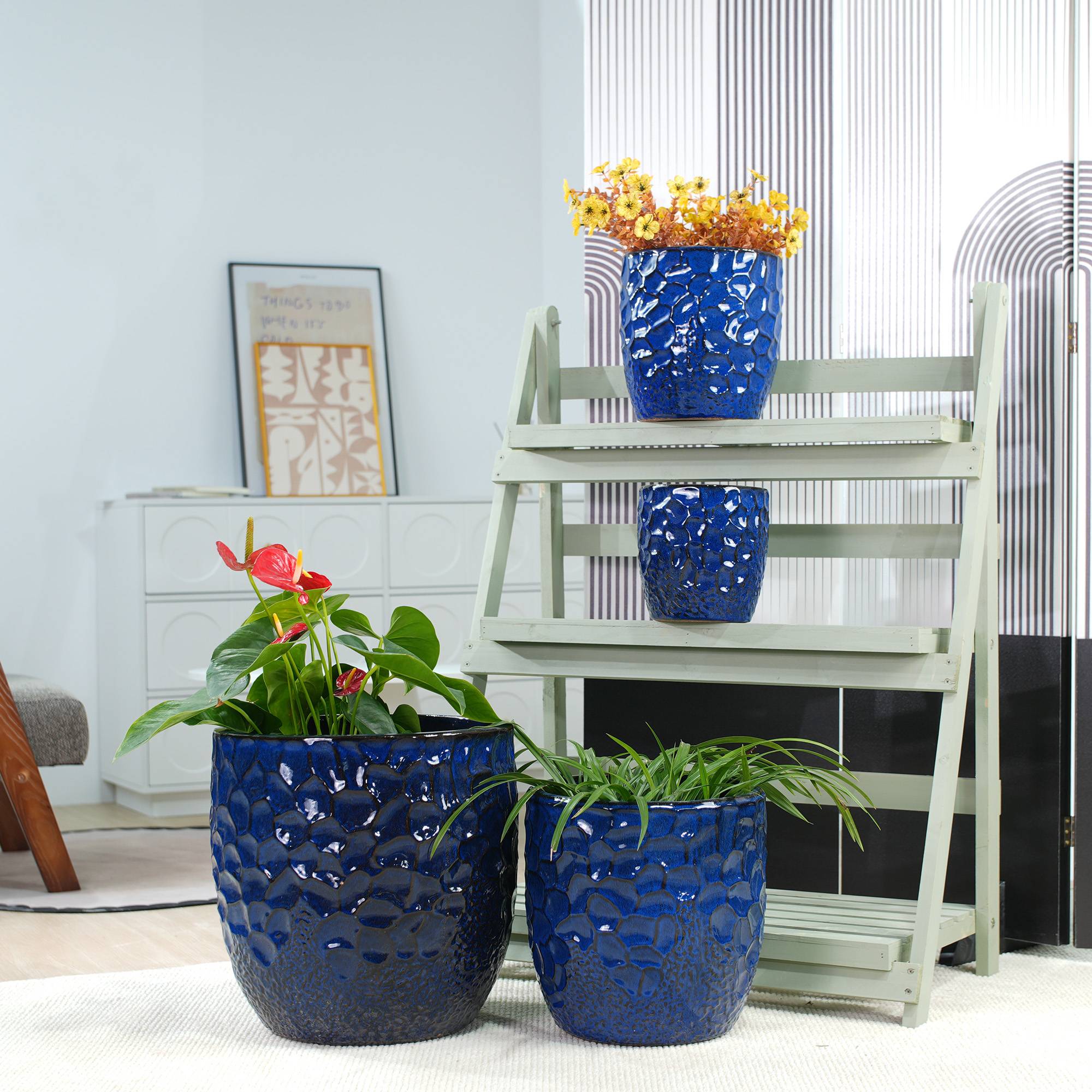 ComfortXL - Lot 4 pots de fleurs céramique Ø38/30/22,5/18 cm bleu marine intérieur extérieur - ComfortXL Outdoor Living - Image 1