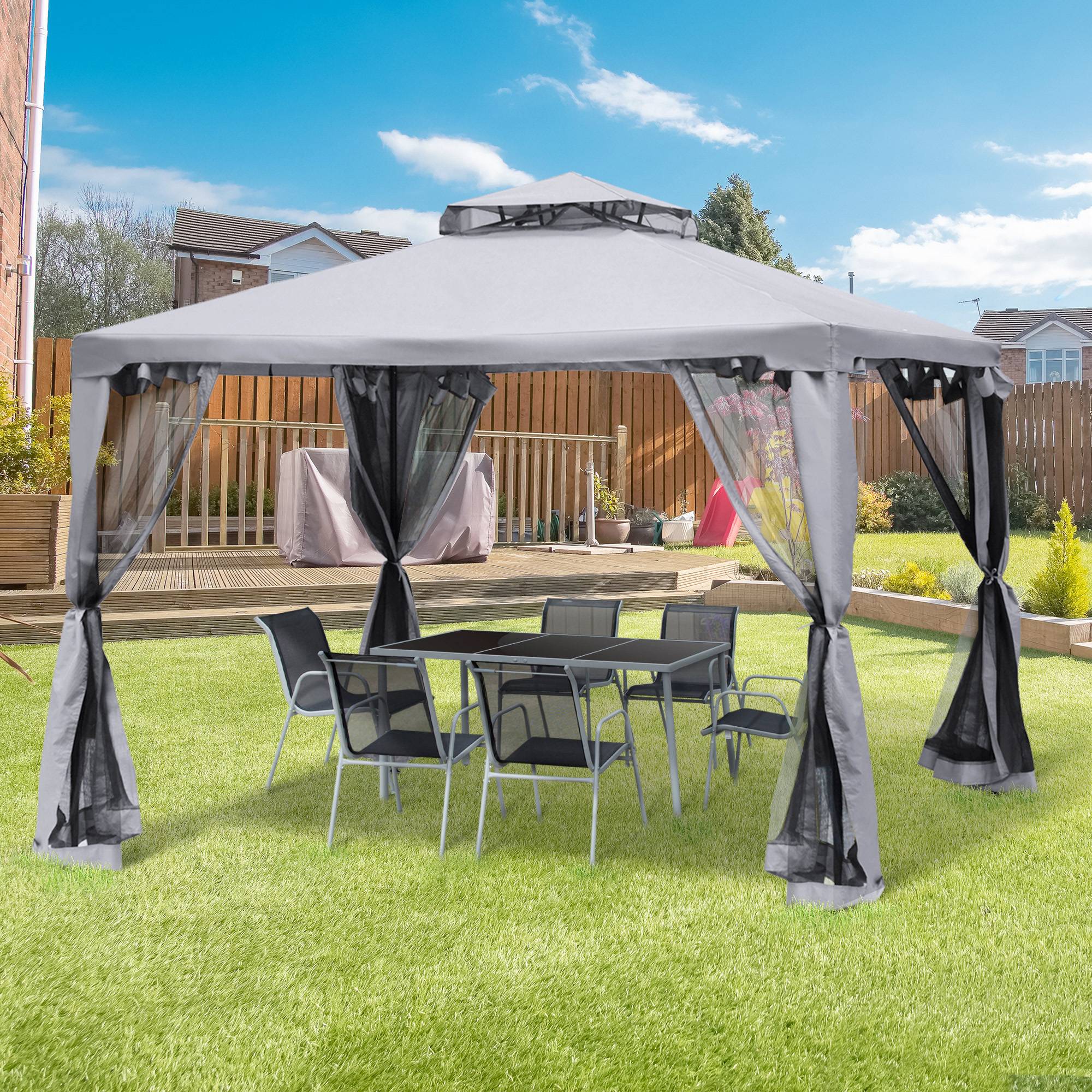 Tente de fête 3x3m gris clair métal et polyester imperméable, 4 murs latéraux pour jardin et événements - Image 2