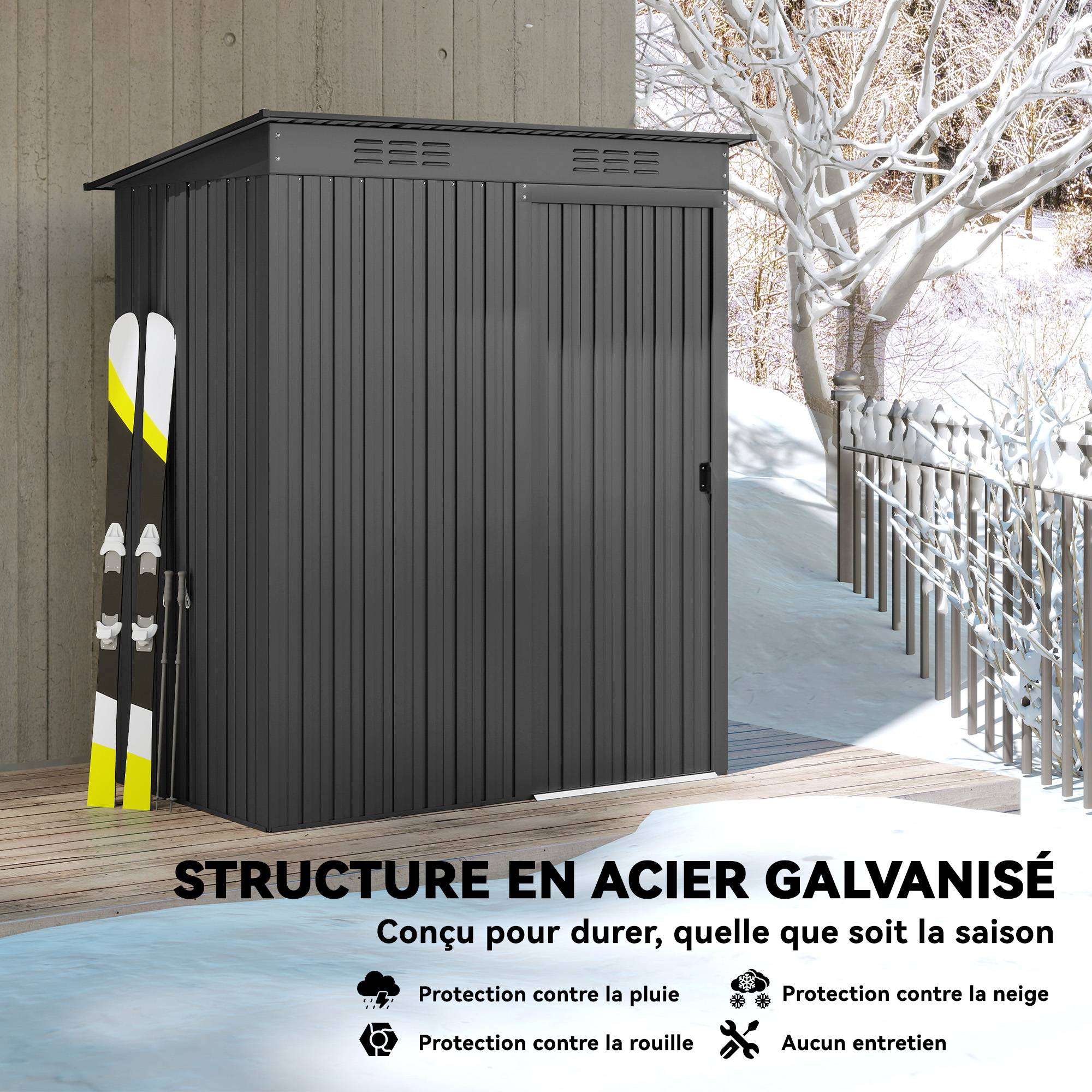 Abri de jardin en métal 1,37 m², cabane de jardin, 2 paires de gants, porte coulissante, 159x106x181cm, gris foncé - Image 7