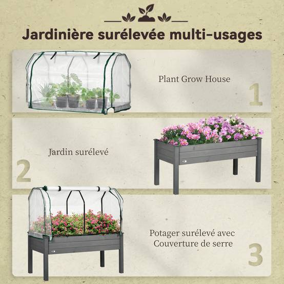 Carré potager serre sur pieds Bois pour extérieur Grande capacité 104L avec bâche 121cm gris - ComfortXL Outdoor Living - Image 8