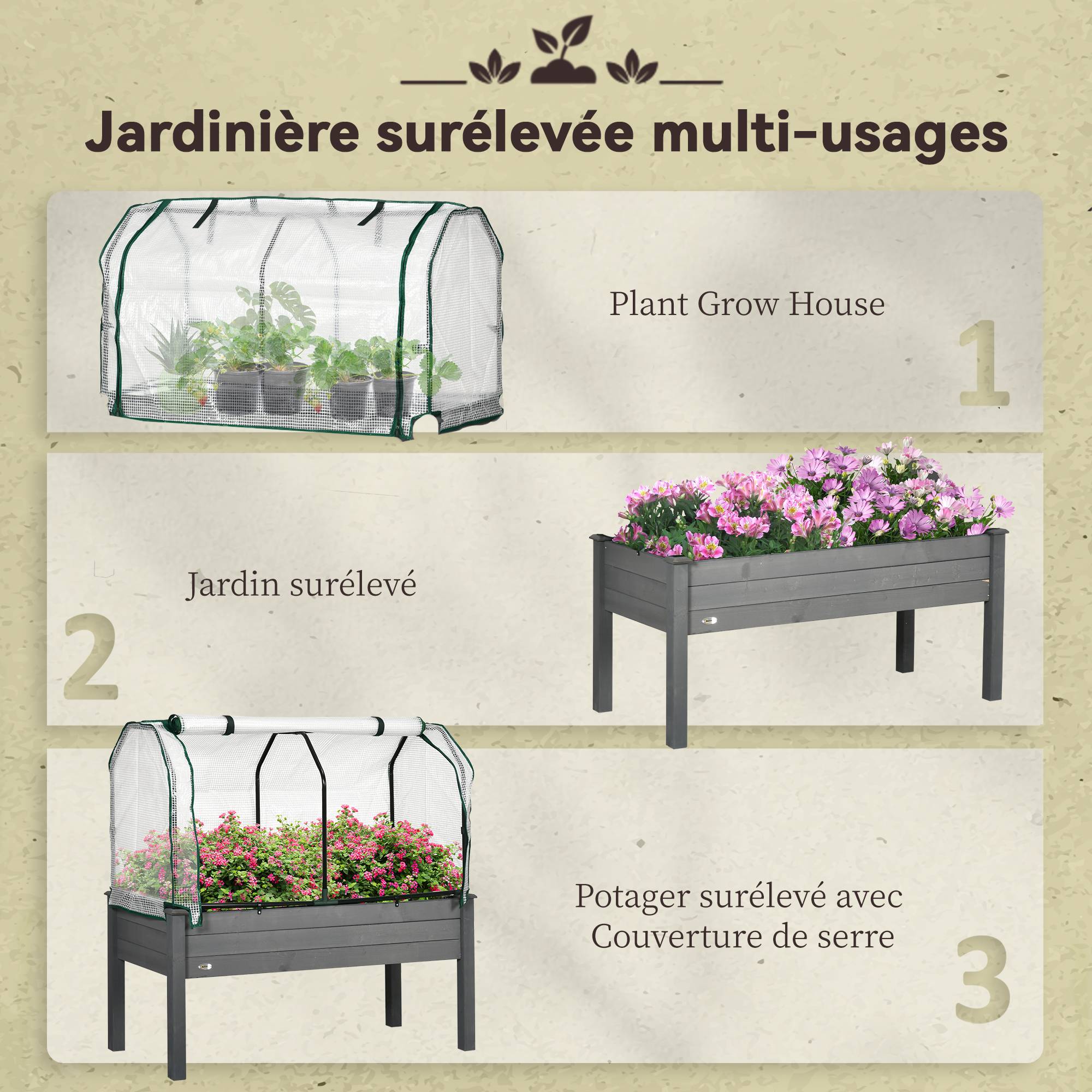 Carré potager serre sur pieds Bois pour extérieur Grande capacité 104L avec bâche 121cm gris - ComfortXL Outdoor Living - Image 8