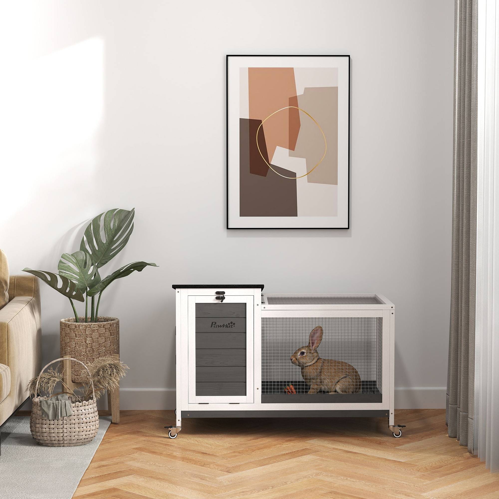 Clapier lapin extérieur sur roulettes, bac extractible, bois d'épicéa et acier, 91x51x66cm, multicolore - Image 10