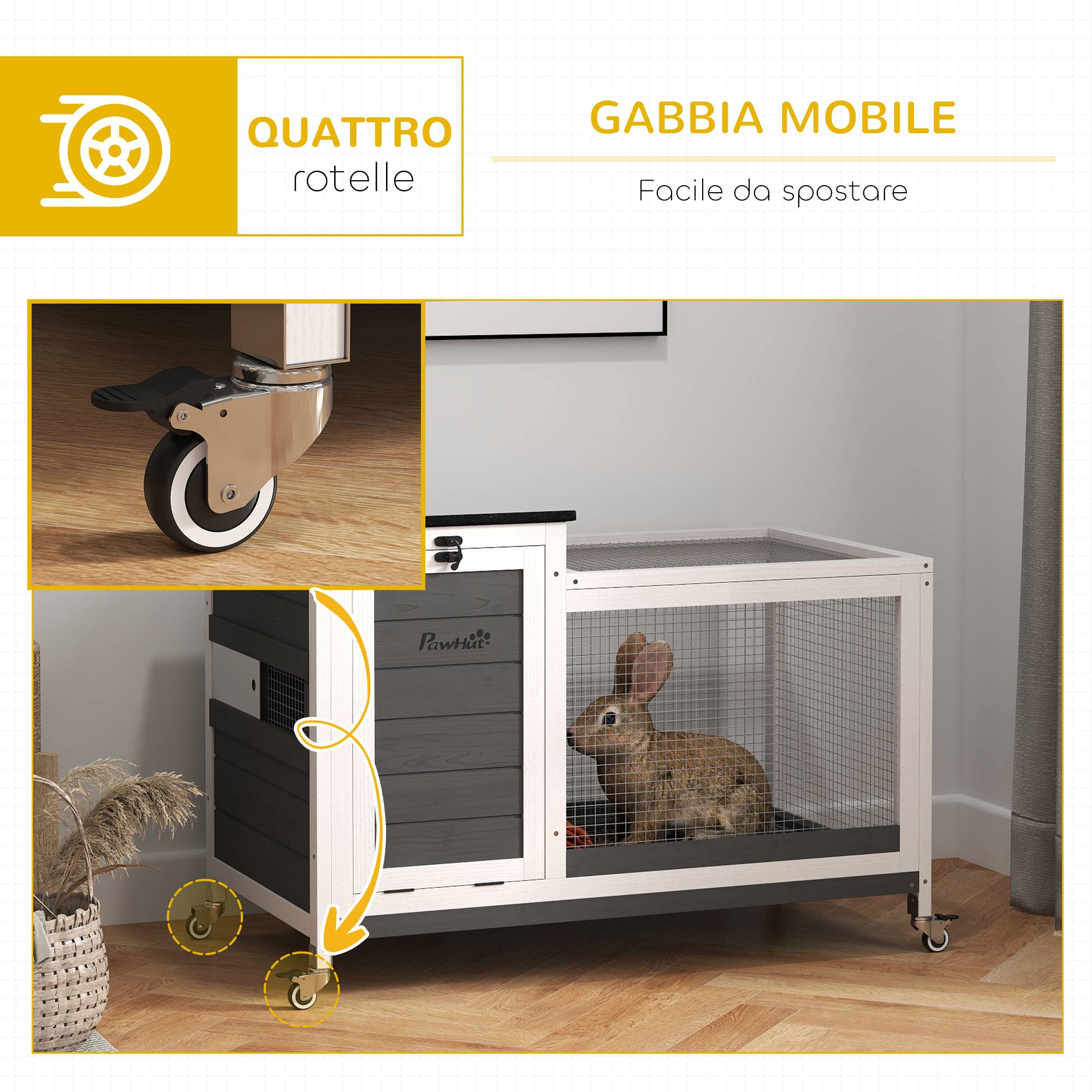 Clapier lapin extérieur sur roulettes, bac extractible, bois d'épicéa et acier, 91x51x66cm, multicolore - Image 8