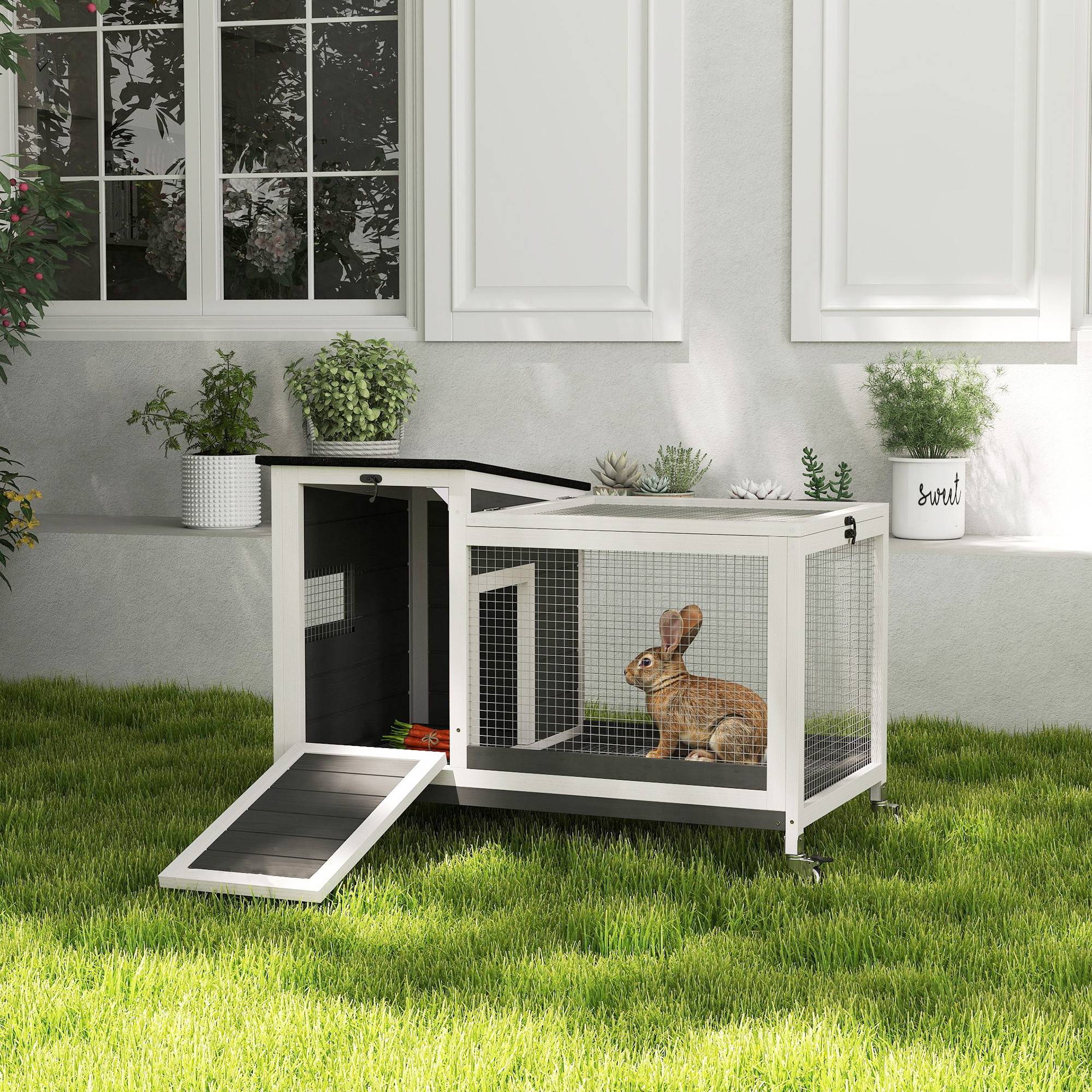 Clapier lapin extérieur sur roulettes, bac extractible, bois d'épicéa et acier, 91x51x66cm, multicolore - Image 4