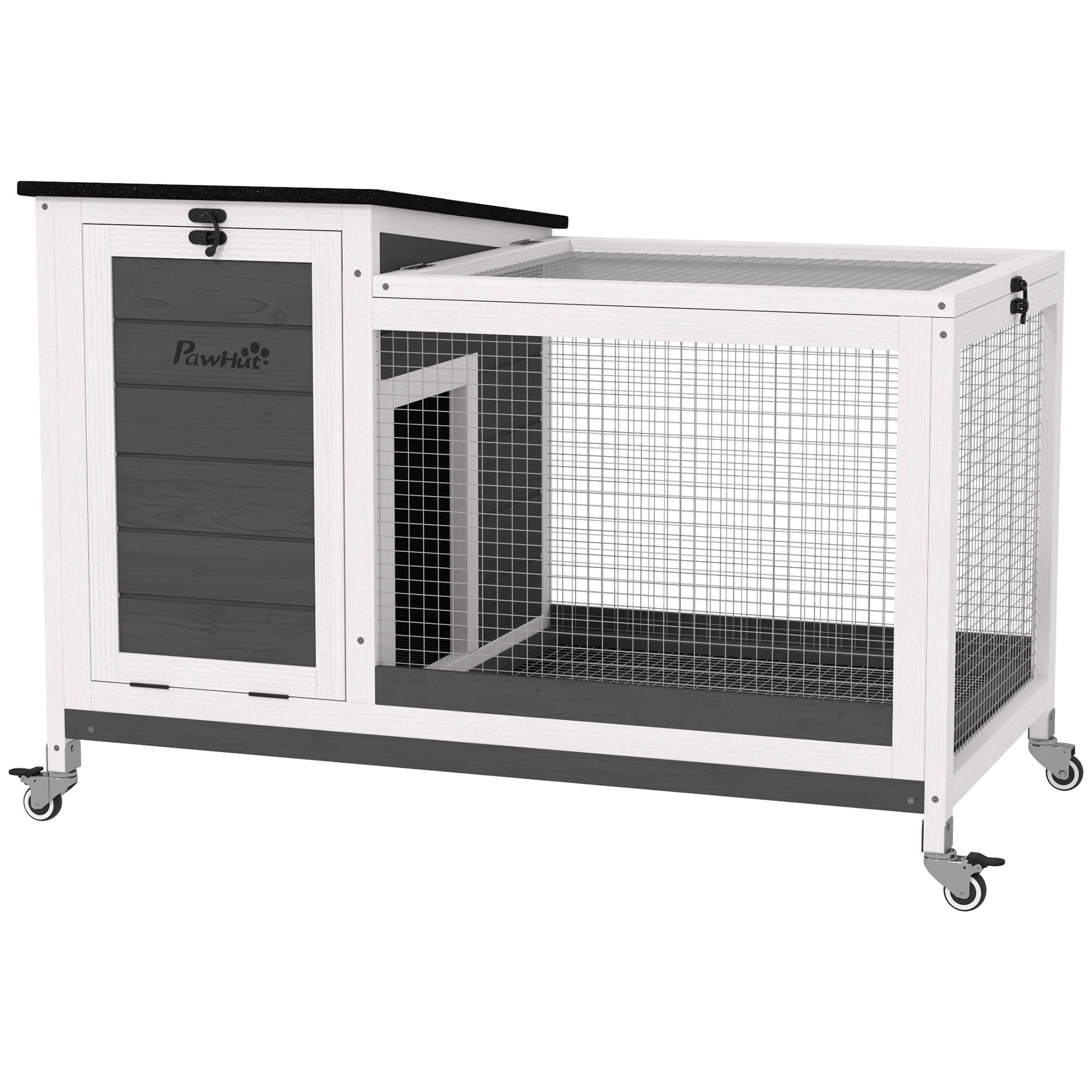 Clapier lapin extérieur sur roulettes, bac extractible, bois d'épicéa et acier, 91x51x66cm, multicolore - Image 1