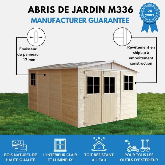 Timbela - Abri de Jardin en Bois Naturel H226x324x416 cm/12 m² - Stockage extérieur avec fenêtres - 17 mm d’épaisseur - Timbela M336 - Image 9
