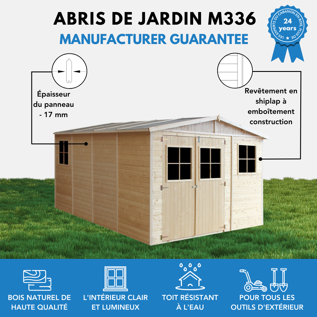Timbela - Abri de Jardin en Bois Naturel H226x324x416 cm/12 m² - Stockage extérieur avec fenêtres - 17 mm d’épaisseur - Timbela M336 - Image 9