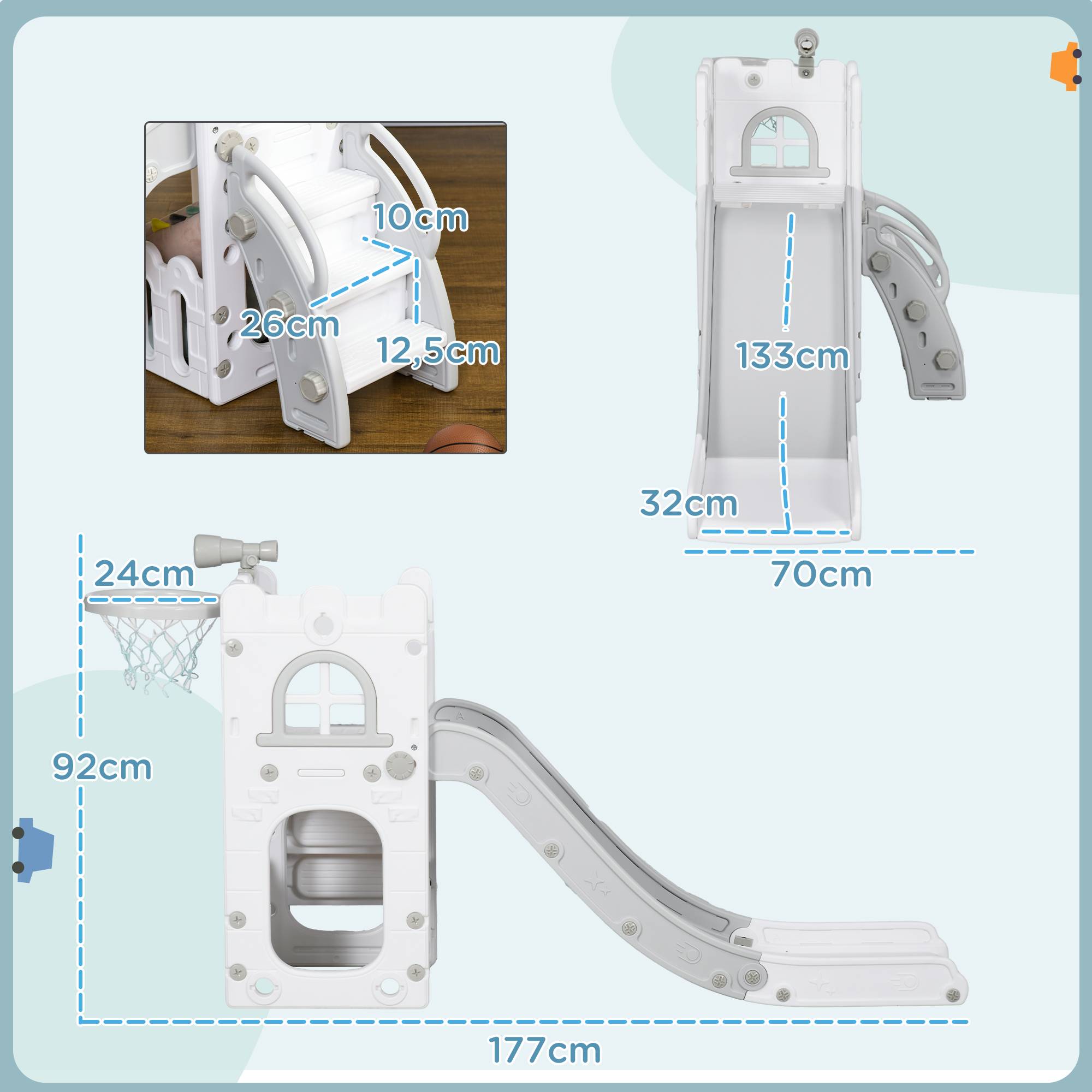 Toboggan 5 en 1 pour enfants avec panier de basket, télescope, structure d'escalade et panier inférieur pour une utilisation intérieure, blanc et gris - Image 5
