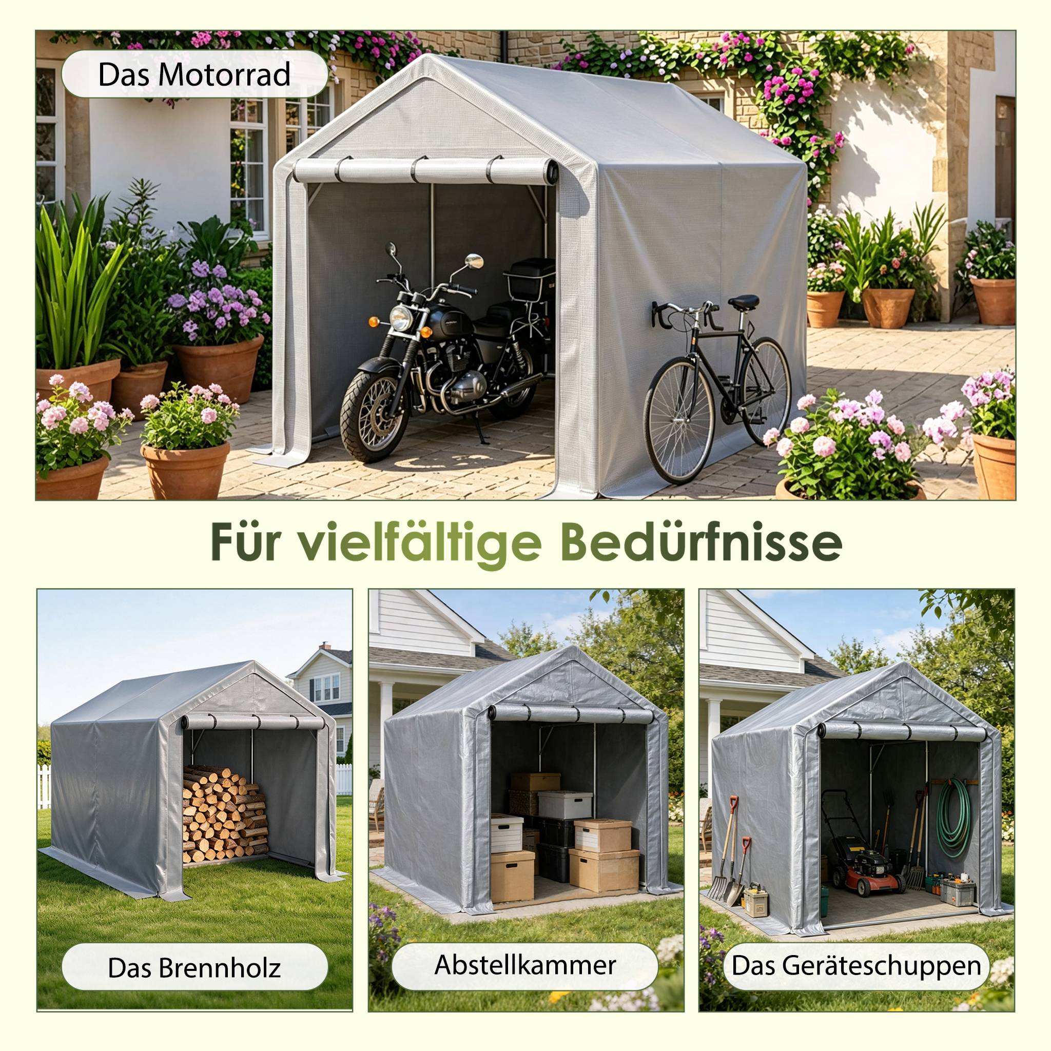 Abri multifonction gris foncé 296×190×200cm, garage à vélos, abri de jardin, tente à outils et tente de stockage - Image 5