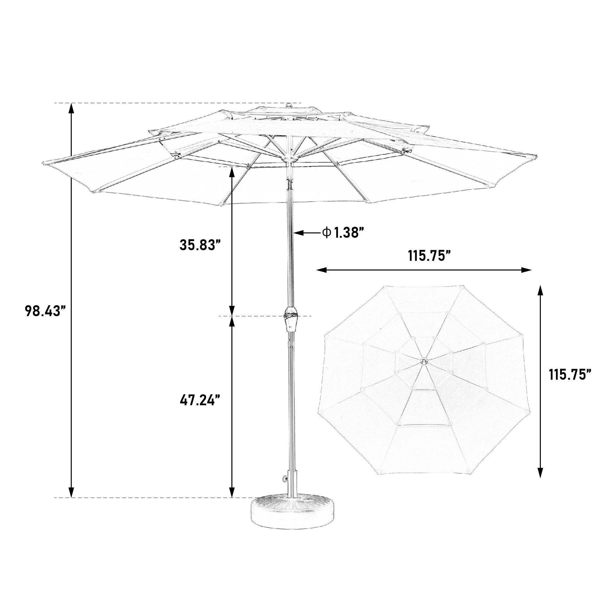 Parasol aluminium 10ft 3 étages à inclinaison automatique, parasol extérieur pour table, terrasse et piscine, vert foncé (socle non fourni) - Image 7