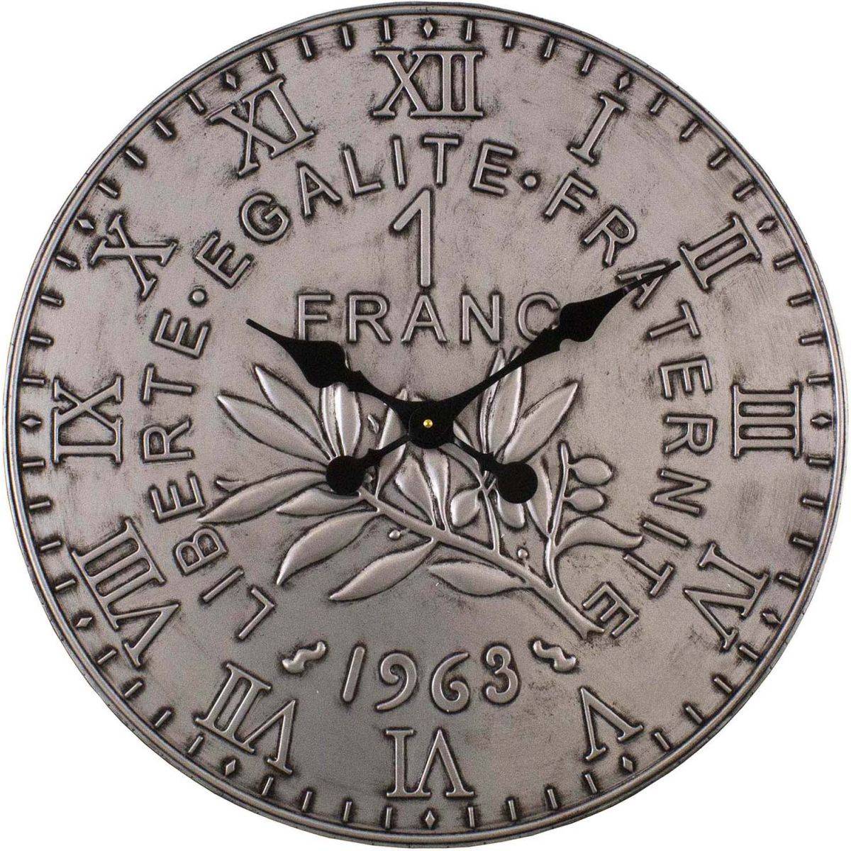 Antic Line Creations - Horloge en fer pièce de monnaie 60 cm 1 franc - Argent - Image 1