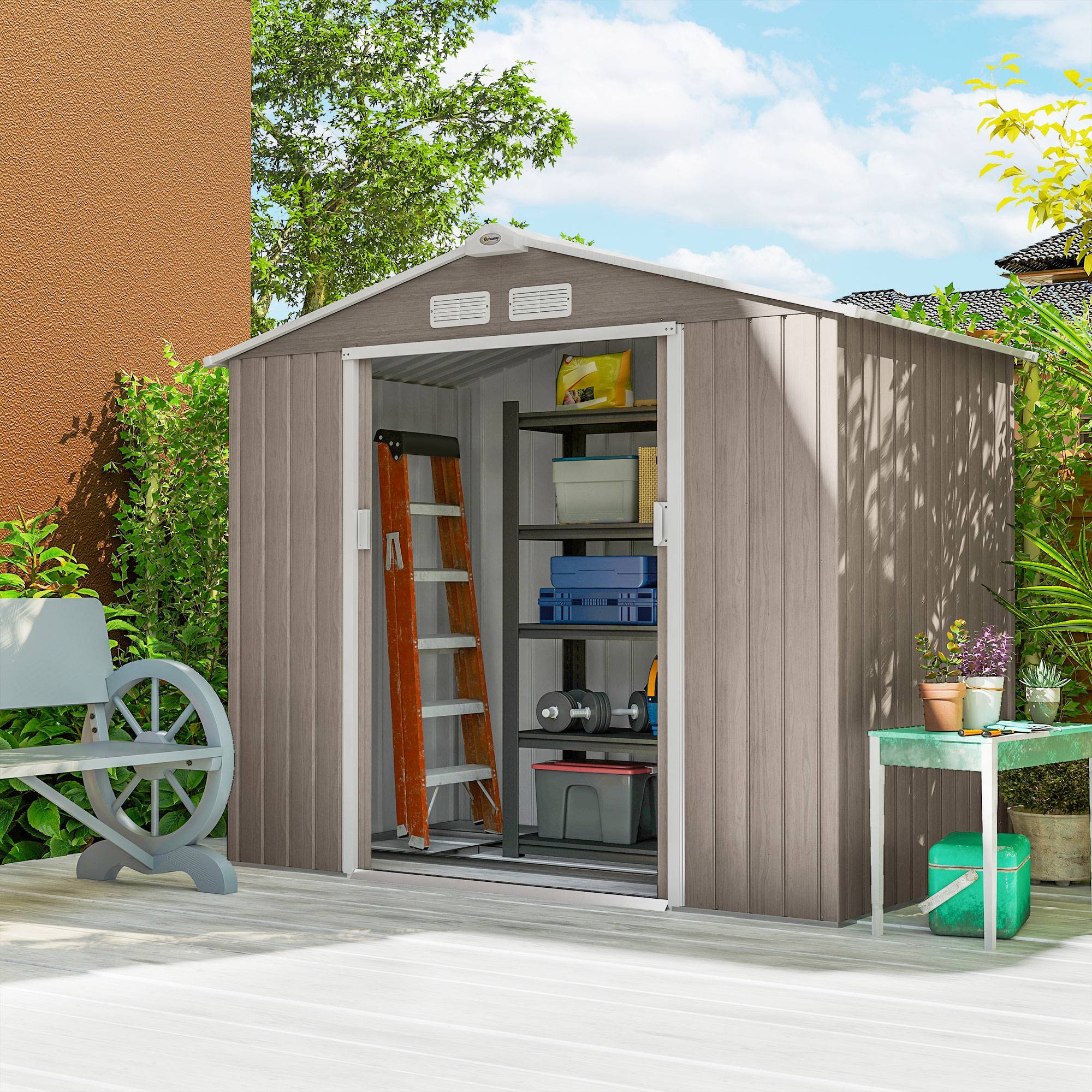 Remise de jardin 2,42 m² 213x130x185 cm 2 portes coulissantes toit incliné 4 fenêtres effet bois - Image 10